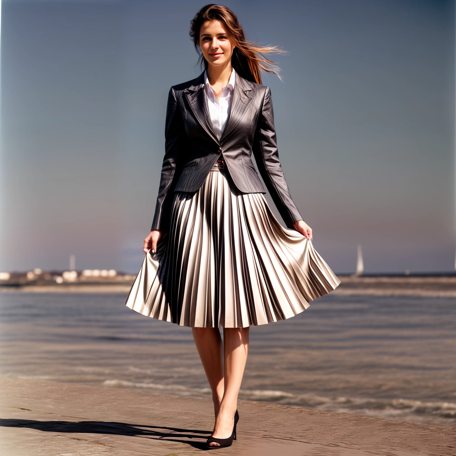 authentic (very shy:1,4 smiling) good woman wearing a short blazer with a very very detailed (long (fully pleated) full circle skirt) and (simple) low heeled office shoes, very very intricate hyper-detailed symmetric (attractive graceful young feminine face) with (sad, tired eyes and shy smile:1,1), full of empathy and compassion and love, (pronounced (feminine) features), (highly detailed ultra accurate realistic) hands and fingers, (windy conditions and wind blowing), epic composition, highly detailed attributes, highly detailed atmosphere, (35mm f1.4 Kodak portra 400 photograph), extremely high quality RAW photograph, intricate, Exquisite details and textures,