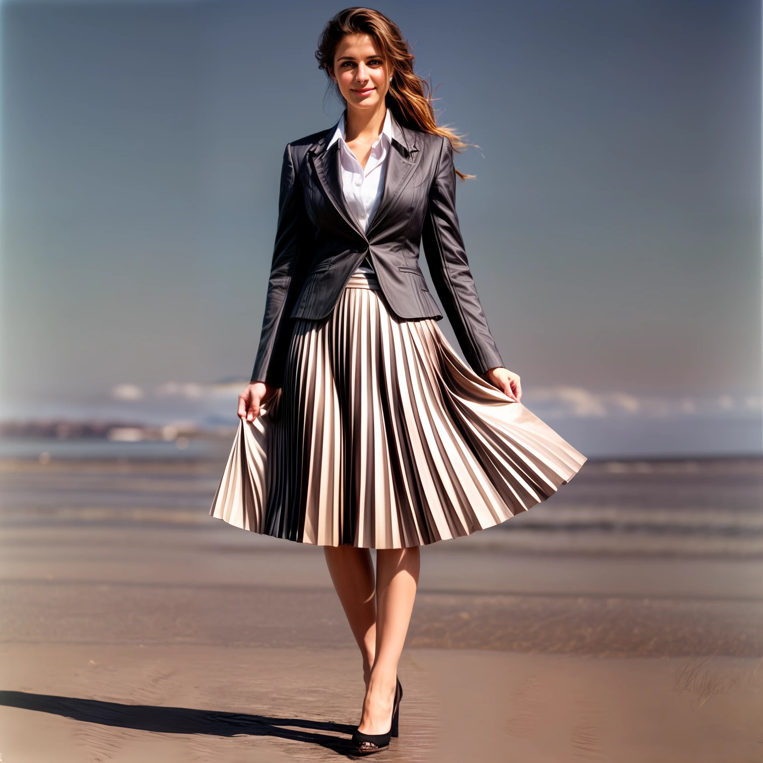 authentic (very shy:1,4 smiling) good woman wearing a short blazer with a very very detailed (long (fully pleated) full circle skirt) and (simple) low heeled office shoes, very very intricate hyper-detailed symmetric (attractive graceful young feminine face) with (sad, tired eyes and shy smile:1,1), full of empathy and compassion and love, (pronounced (feminine) features), (highly detailed ultra accurate realistic) hands and fingers, (windy conditions and wind blowing), epic composition, highly detailed attributes, highly detailed atmosphere, (35mm f1.4 Kodak portra 400 photograph), extremely high quality RAW photograph, intricate, Exquisite details and textures,