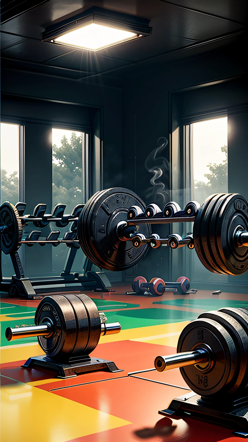 gym environment with a little smoke, hipnotizante, dumbbells and bars scattered on the floor, uma imagem inspiradora para quem deseja treinar, fitness, forza, poder, ferro. The main colors are black and gold