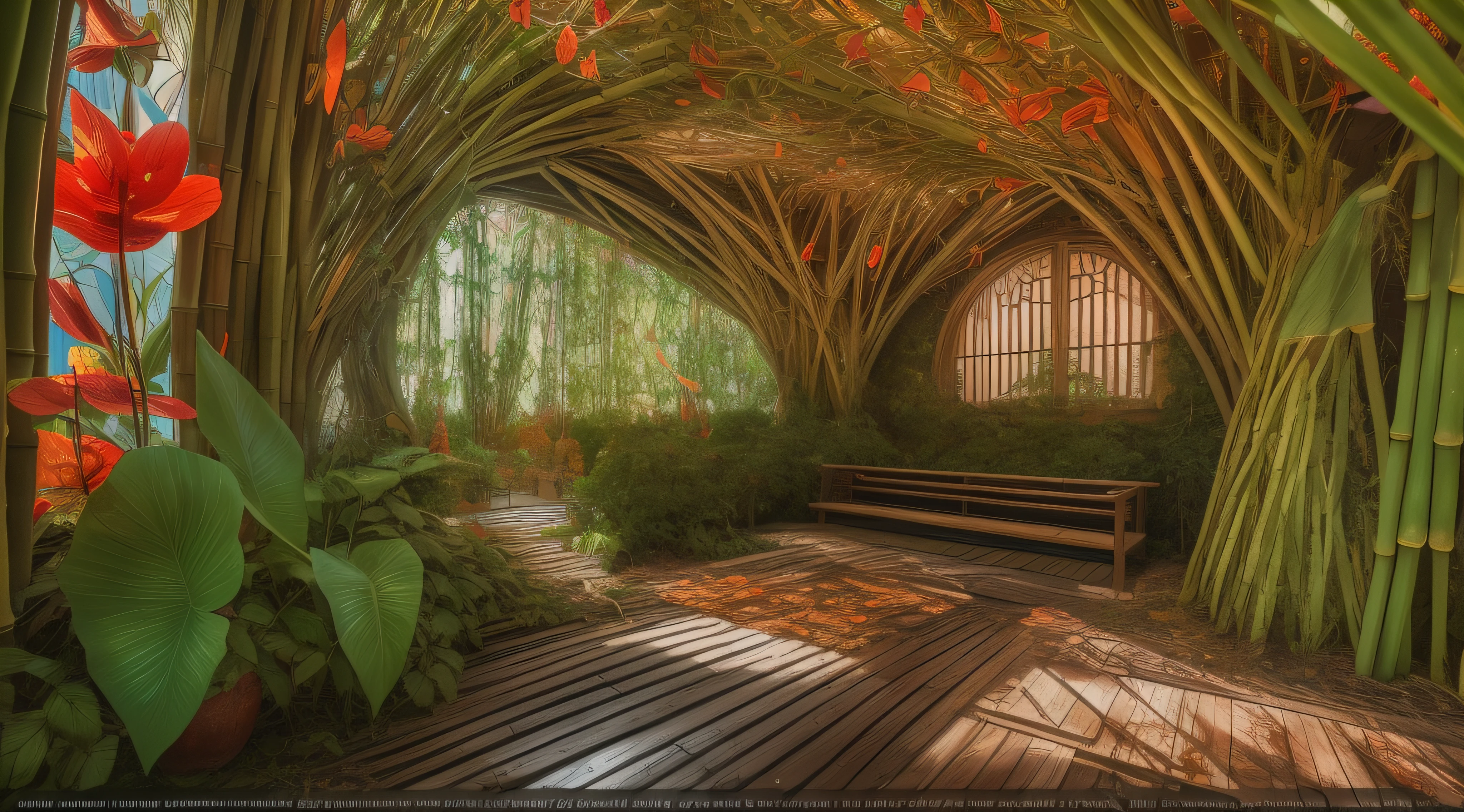 the inside of a bamboo shelter ::3 light streaming through colorful broken stained-glass windows, fallen topiary overgrown plants, rotted ikebana plants, red anthurium growing through cracks, solarpunk, hyperdetailed, volumetric lighting, graceful Tang Dynasty architecture, arches and curves, levels, symmetry and peace, magical fantasy, surreal, chiaroscuro, banded sunlight, installation art style, Ghost in the Shell anime style, origami studio 3 design