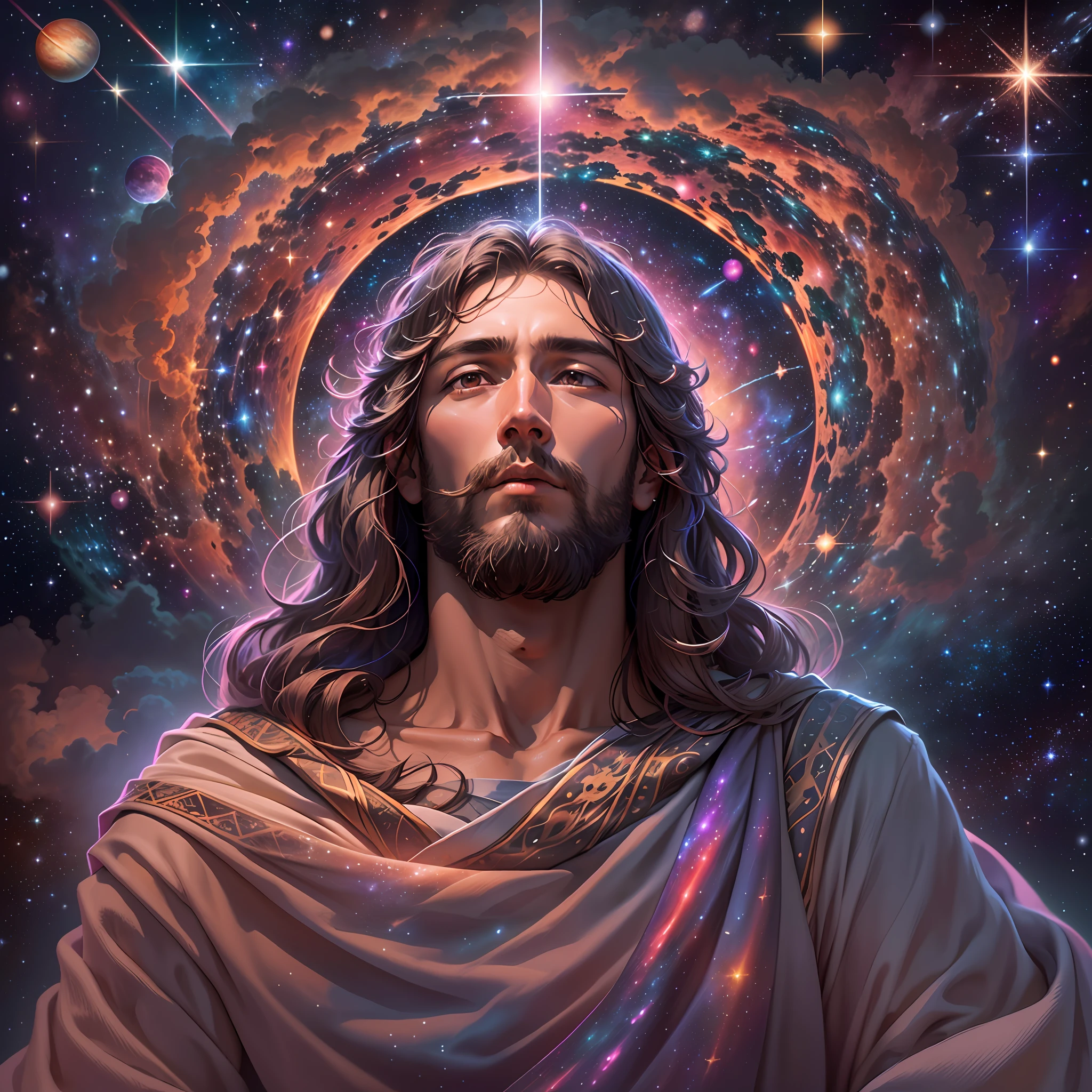 Jesus Christ the center of the universe, He stands tall and resolute, gazing upon the galaxy with outstretched arms. The stars and planets revolve around him, orbiting in perfect harmony. (((His robes flow in the cosmic wind, as if he is the embodiment of the universe itself))) The scene is set in deep space, with nebulas and galaxies in the background. The atmosphere is serene and peaceful, as if all of creation is at peace in his presence. Artwork, a digital illustration with intricate details and vibrant colors. 16k ultra-detailed --ar 3:2 --v 4 --q 2