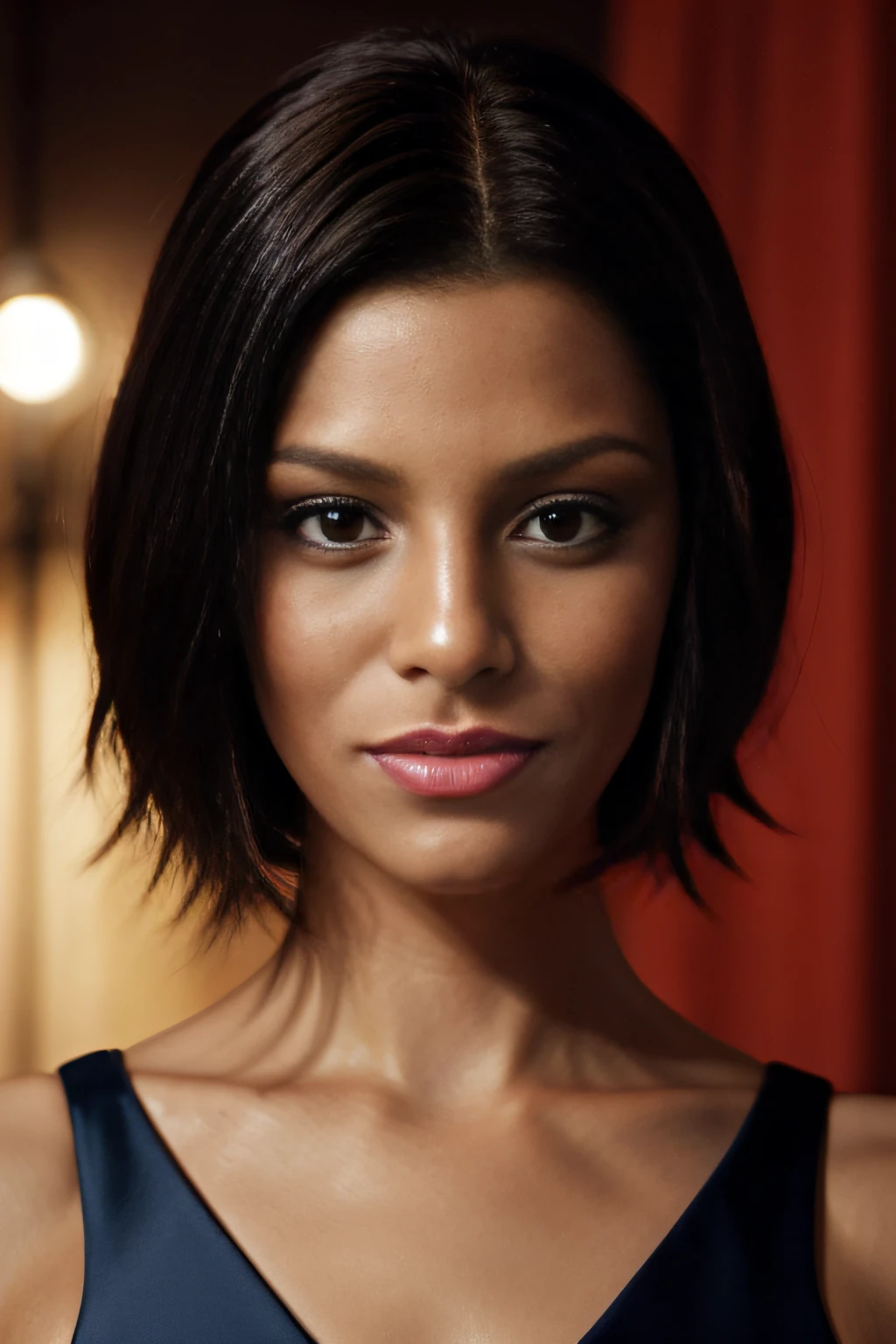 mulher 30 anos (pele escura: 1.3), Ser, magnifica,, cabelos lisos e curtos, cabelos ao vento, corpo perfeito, feliz, sorrindo, dentes perfeitos, rosto renderizado perfeito, abdome forte, roupa de banho, Detalhes ((cachoeira)), perfeitos do rosto, sombrio, Medium plan, Directed by: Richard Corben, de Miles Aldridge, de John Atkinson Grimshaw