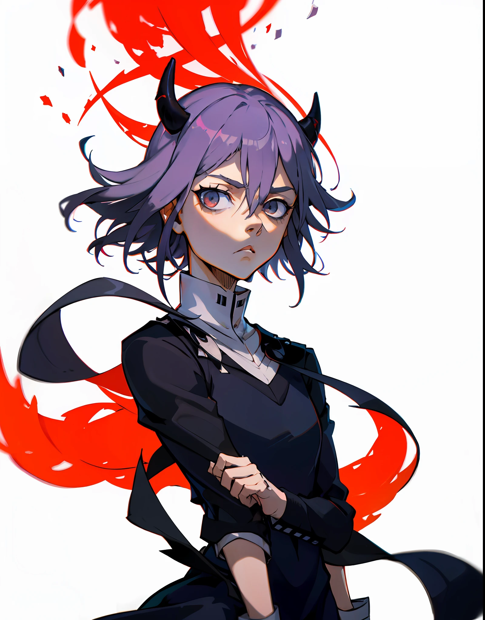 absurdos, best quality, androgynous, sozinho, Olhando para o Viewer, Crona, Nero, Matoi Ryuuko, (nervoso:1), (assustado:0.75), (hand on own arm:0.5), Abotoaduras, cabelo entre os olhos, franjas, vestido preto, cabelo roxo, cabelo preto, cabelo rosa, cabelo multicolorido, franja contundente, boca fechada, retalhos capilares, mangas compridas, pupils of the solid circle, olhos negros, olhos azuis, olhos violeta, stocking, simple red background, black horns
