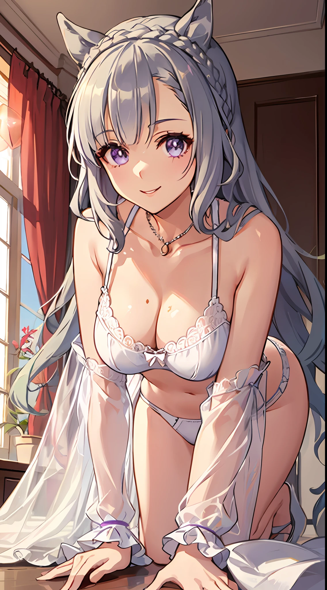 ((masutepiece)), ((Best Quality)), (Ultra-detailed), ((kawaii)), Cute, (lovely), ((Sexy)), (Ero), ((Extremely detailed)), 4K, (8K), Best Quality, (Beautiful), Anime style, Dynamic Angle, Upper body, from below looking up, full body focus, Western-style room, sofa, morning, s, 1girl in, Solo, (((undergarment))), (((Marl))), Beautiful light brown hair, Beautiful purple eyes, ((Beautiful eyes)), White-skinned, Long hair, Transparent hair, translucent hair, large full breasts, Necklace, lightsmile, Lens Flare, shiny-glistening, gleaming