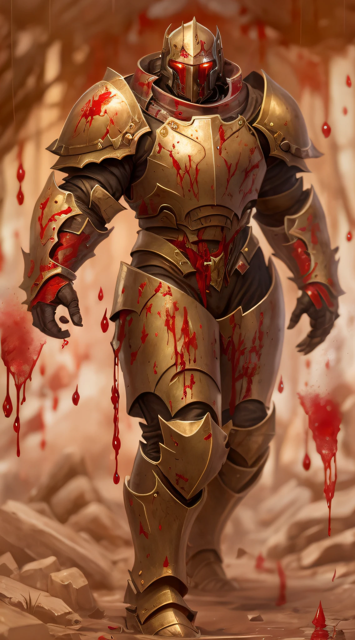 arafed image of a man in armor with blood on his face, blood knight, fantasy art of doom slayer, blood red armor, bloody + concept art, wretched and corrupted knights, armour merging with body, lady in red armor, fallen knight, detailed game art illustration, gold heavy armor. dramatic, sanguinary blood splatters, female knight