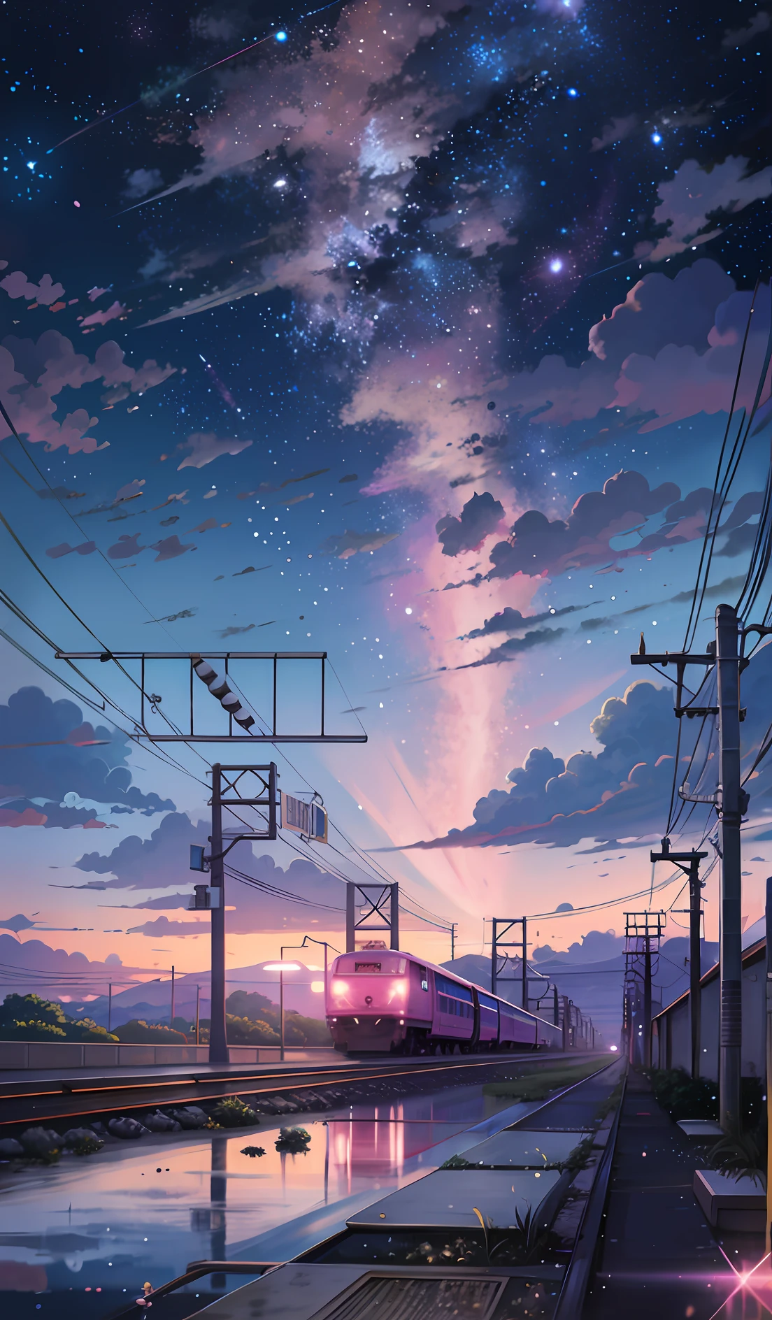 anime train on tracks with a sky background and a train passing by, beautiful anime scenes, beautiful anime scenery, Anime Sky, Anime background art, Anime landscapes, anime beautiful peace scene, anime backgrounds, Detailed scenery —width 672, anime landscape wallpapers, Anime art wallpaper 4k, Anime art wallpaper 4 K, Anime landscape, Anime art wallpaper 8 K