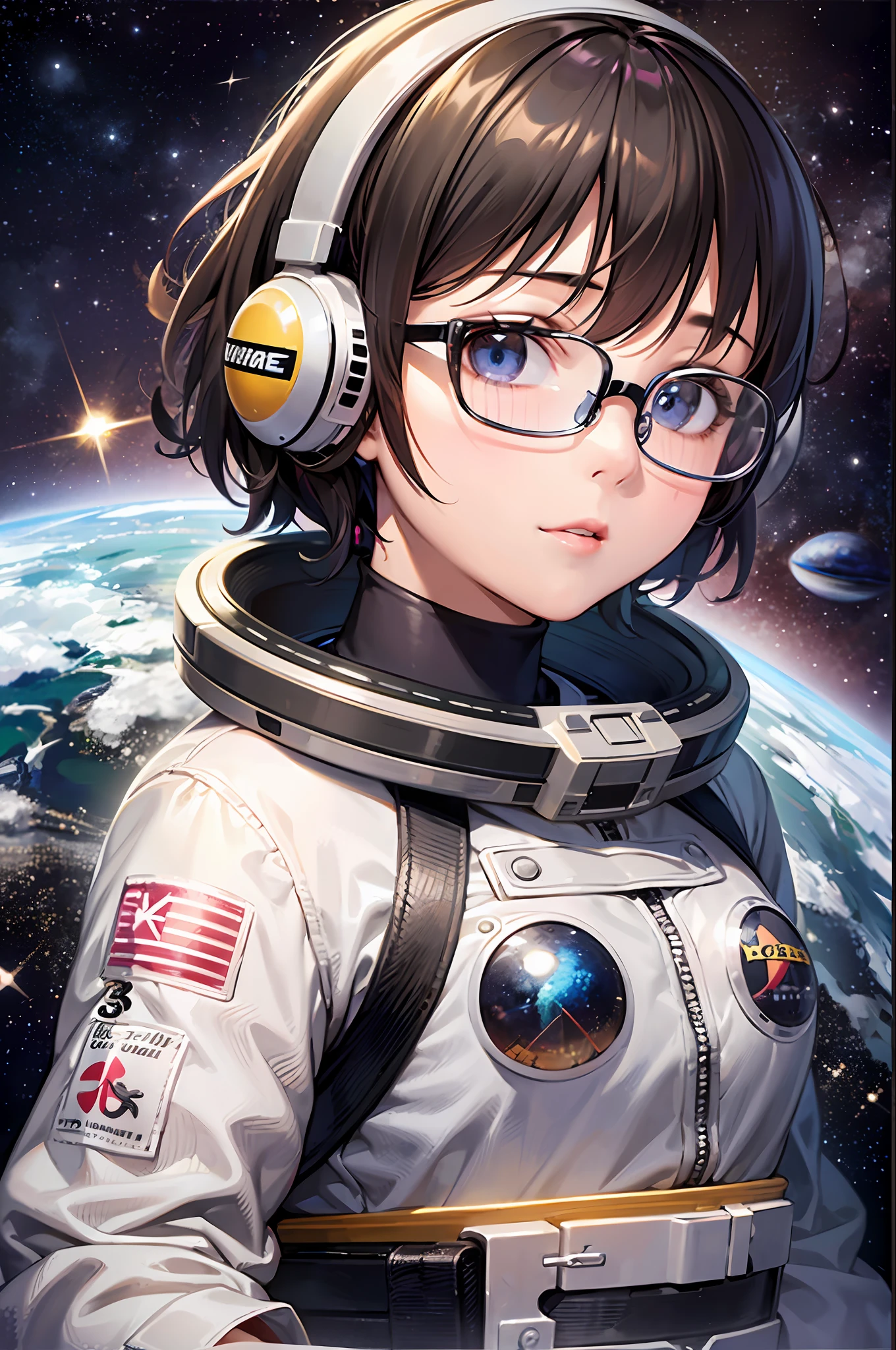 (top-quality、超A high resolution、-yeld Ja girl、Short hair、A dark-haired、hair adornments、eye glasses、small tits)、kosmos、space shuttle、space suits