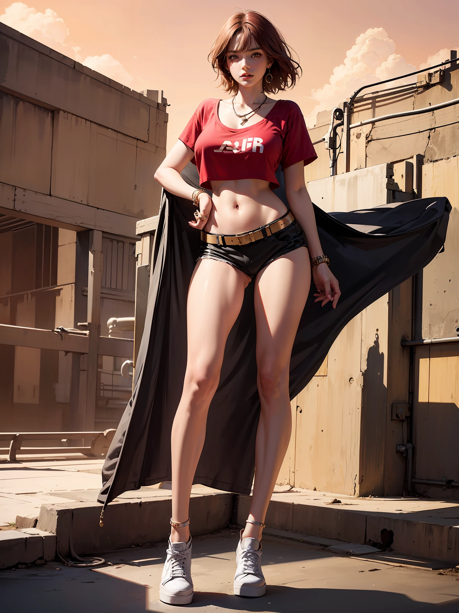 Best quality, full body portrait, delicate face, red short hair, mullet haircut, forehead, 18 year old girl, slim figure, huge bust, oversized crop top T-shirt, belly, crotch gap, cameltoe, mini G-string, sunset bridge, scene, standing tall, , necklace, rings, earrings, bracelet, watch, Vans Old Skool