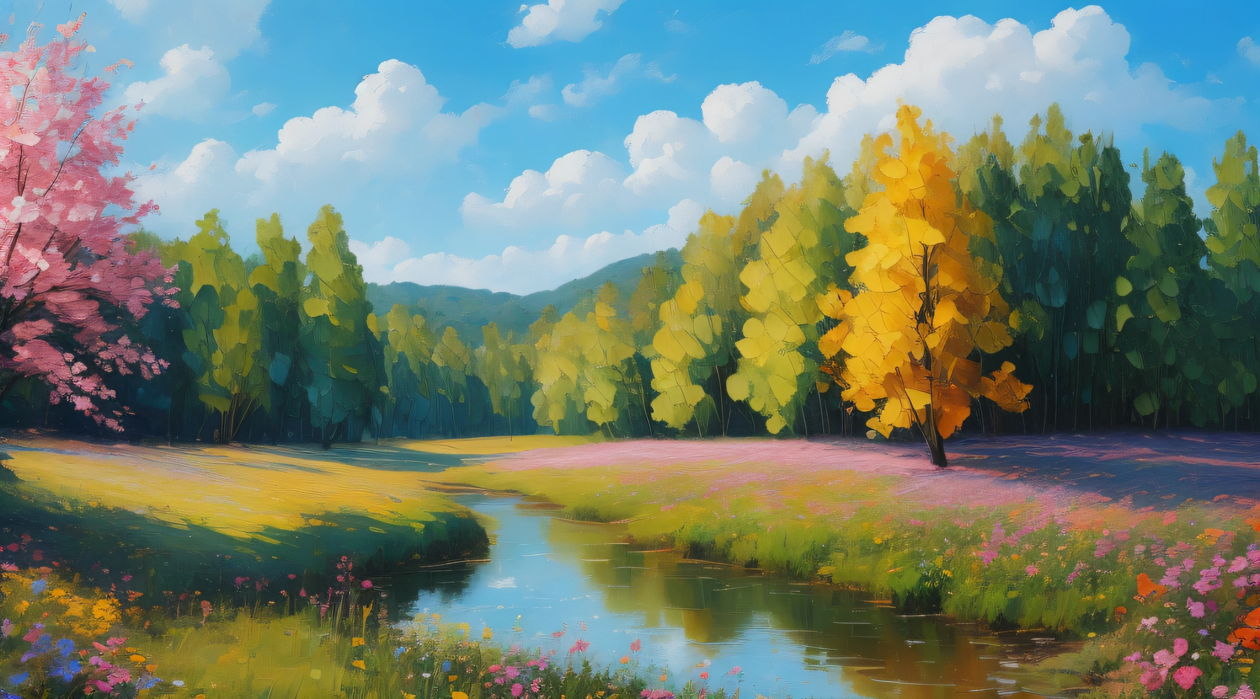 blue sky, stream, sunshine, summer meadow, trees, forest, oil on canvas, oil painting, bright, sunny, colorful, summer day, ethereal, wall paper, hyper detailed, 32k resolution, ultra quality