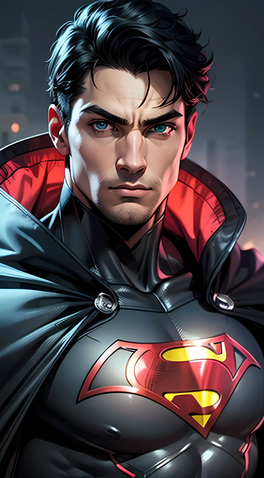 Batman,macho, tall, hunk, muscular, black and neon green suit, neon green details on the suit, best quality, masterpiece, long black cape, short ears on the helmet, white eyes, no pupils, serious face, ultra detailed suit, detailed face, powerful pose,  best quality, high resolution:1.2, dark grey ultility belt, night, dark atmosphere, flowing cape, award winning, shadow, volumetric lighting. im lee, 1boy, superman abs, bara, black hair, blue bodysuit, blue eyes, bodysuit, cape, closed mouth, crossed arms, large pectorals, male focus, muscular, muscular male, pectoral lift, pectorals, red cape, short hair, simple background, solo, superhero, upper body , ((masterpiece))