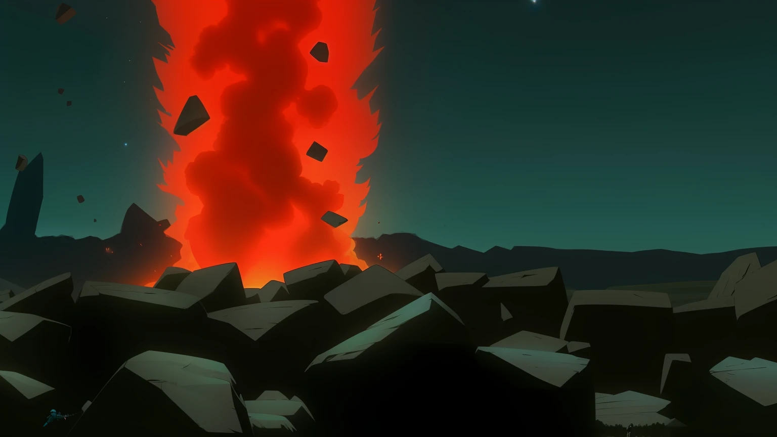 Un primer plano de una columna de lava con rocas y rocas en primer plano, Captura de pantalla de un anime de 2012, Estilo de Gurren Lagann (2007), The Akira Explosion, explosion in  background, Leyenda del entorno de Korra, explosion in  background, Anime VFX, de Naruto, Screenshot of anime movie, Gurenn Lagann