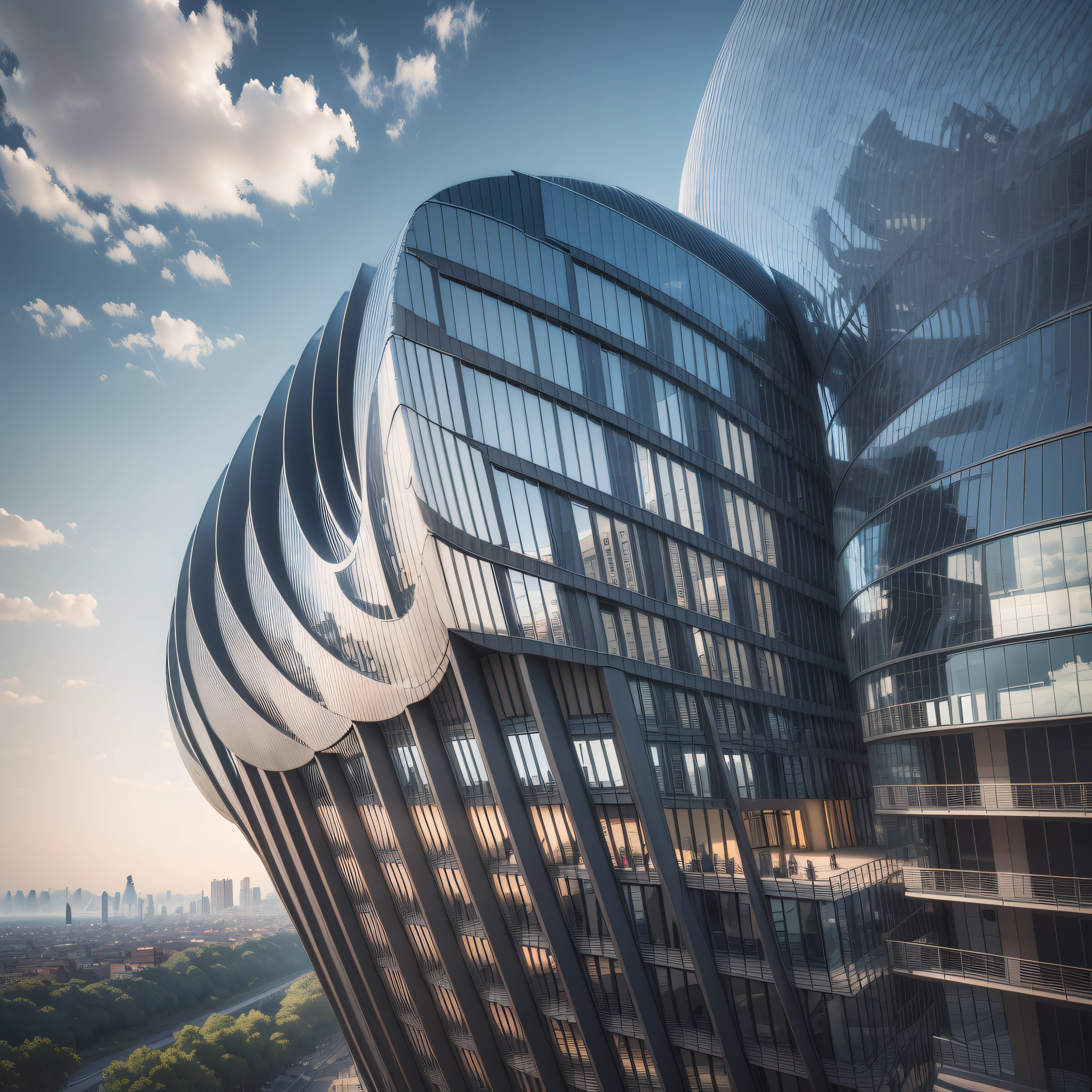 masterpiece, better quality, The building looks like a giant twisted ribbon, curving and spinning around itself. It is made of glass and steel, reflecting light and the surrounding landscape. It has no windows or doors, just openings that lead to different levels and sections. It is a masterpiece of architecture and engineering, an impressive example of creativity and innovation. --auto --s2