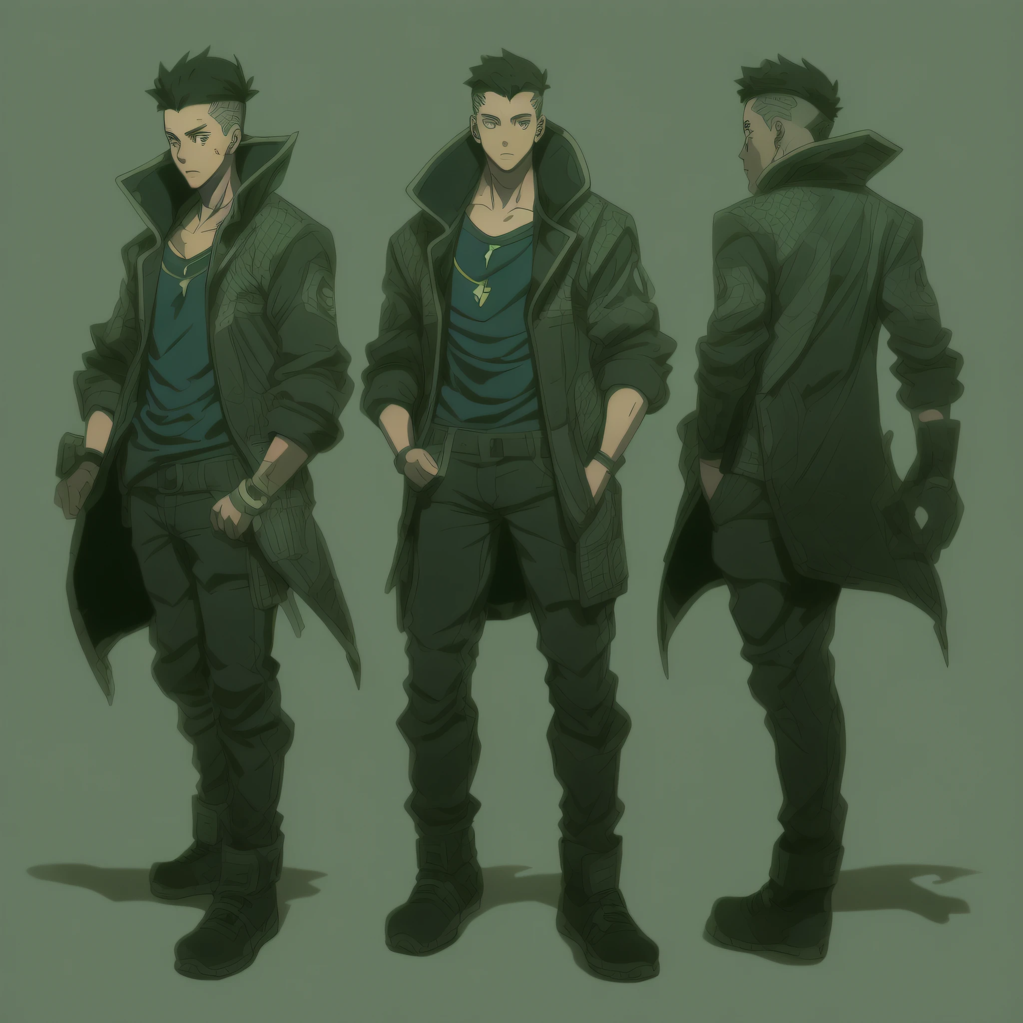 Create the art of a young male human character with a normal body and average height, vestindo camiseta, jaqueta de trincheira longo da cor preta, Estilo detetive Noir, Estilo Shadowrun,  Personagem inspirado em Shadowrun