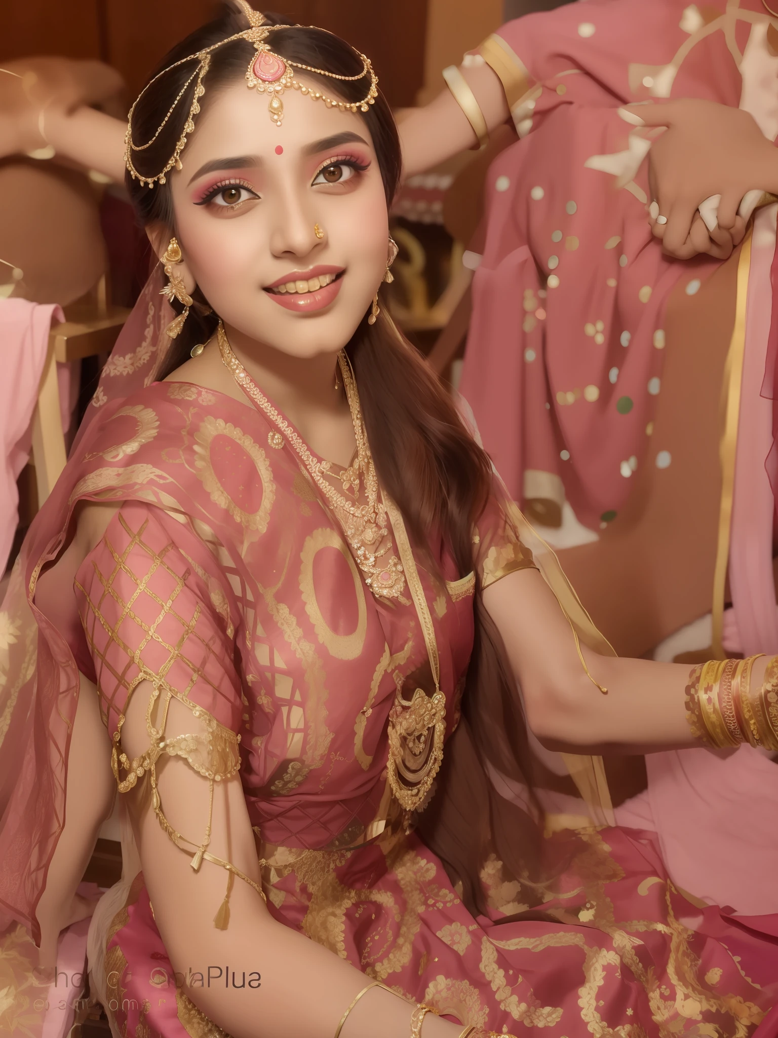 araffe woman in a pink sari sitting in a room, traditional beauty, indian girl with brown skin, wearing traditional garb, * colour splash *, indian, dressed in a sari, indian style, traditional makeup, traditional clothing, traditional costume, traditional clothes, wearing bihu dress mekhela sador, vibrant hues, traditional dress, female dancer