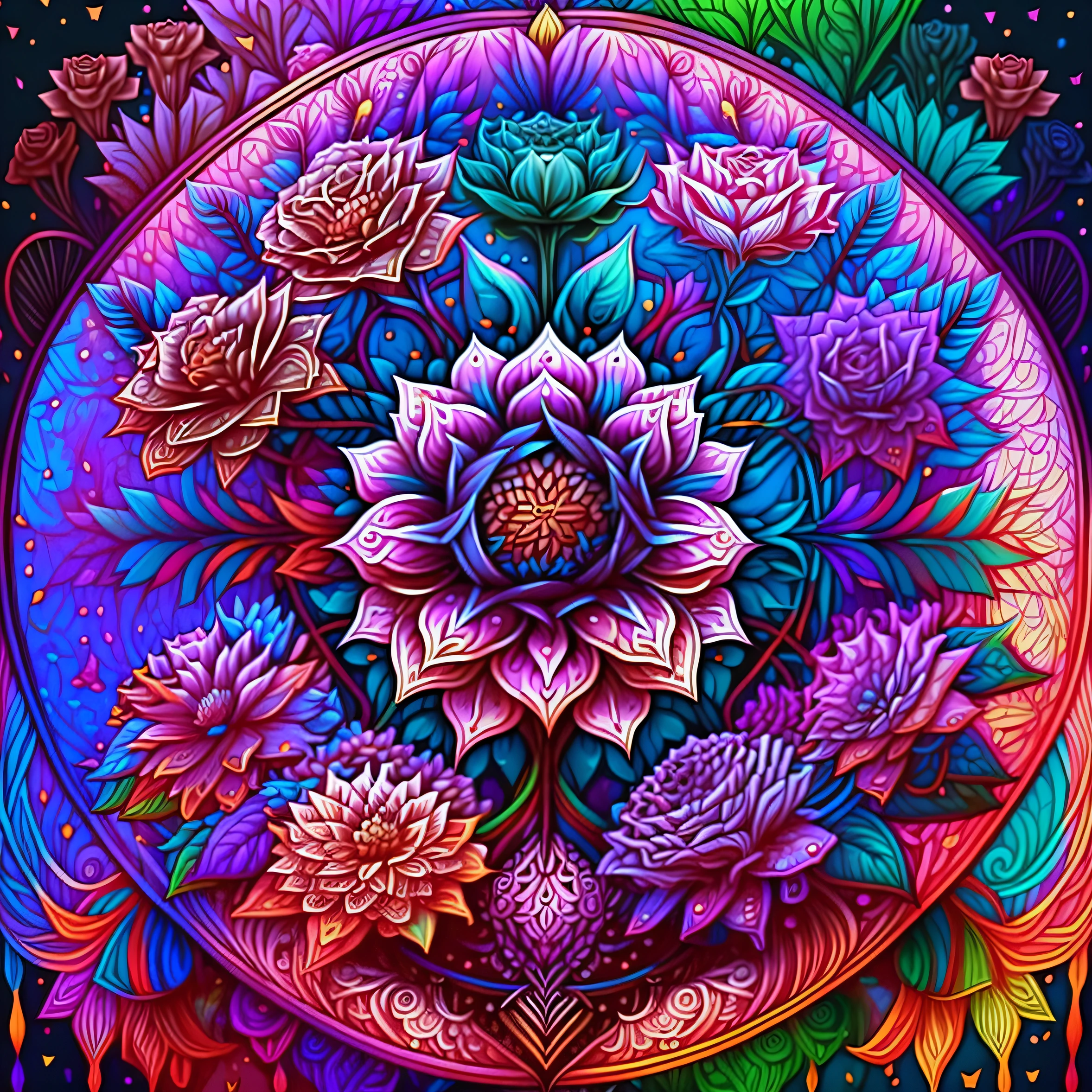 a colorful flower with a black background, colorful mandala, mandala art, lotus mandala, mandala ornament, super detailed color art, mandalas, rainbow gradient bloom, colorful intricate masterpiece, detailed art in color, intricate colorful masterpiece, mandalas, super detailed color art, psychedelic art style, intricate colorful, ornate flower design, vibrant high contrast coloring, multicolored vector art
