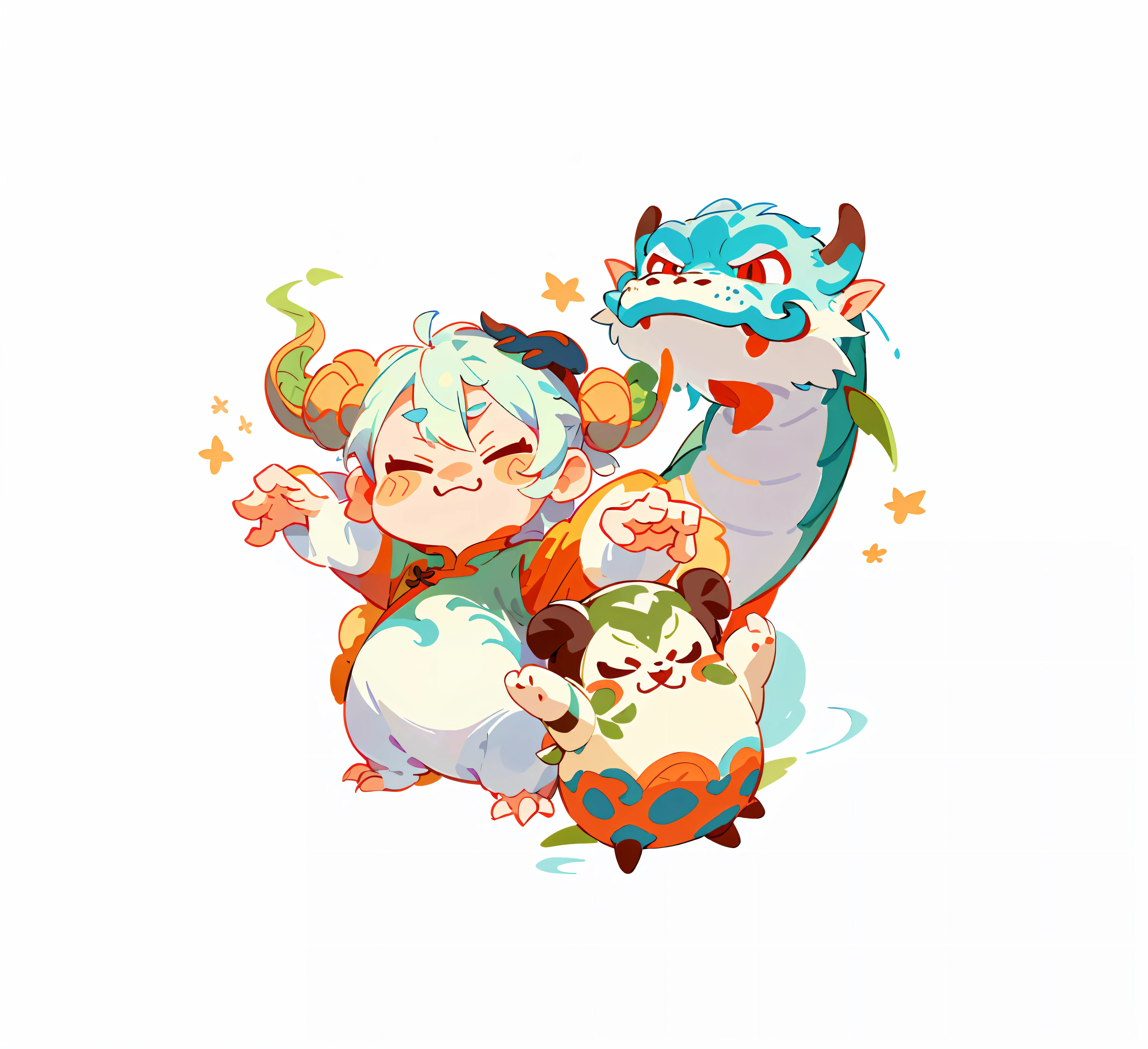 Single sticker, 1 sticker, three little dragons, cute little chinese dragon, chinese dragon, anthropomorphic, dragon lady, white background, no background, simple background, minimal, cute, tiny, pastel color, vector style, no gradient, multiple arrangement, unity, different movements, Studio Ghibli,