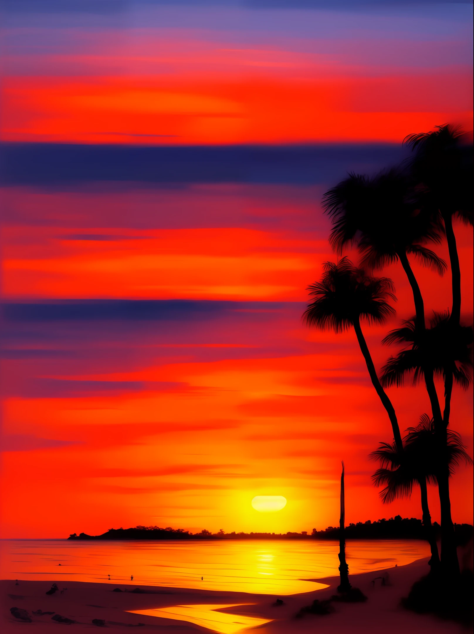 Beach with setting sun and red sky, desenho