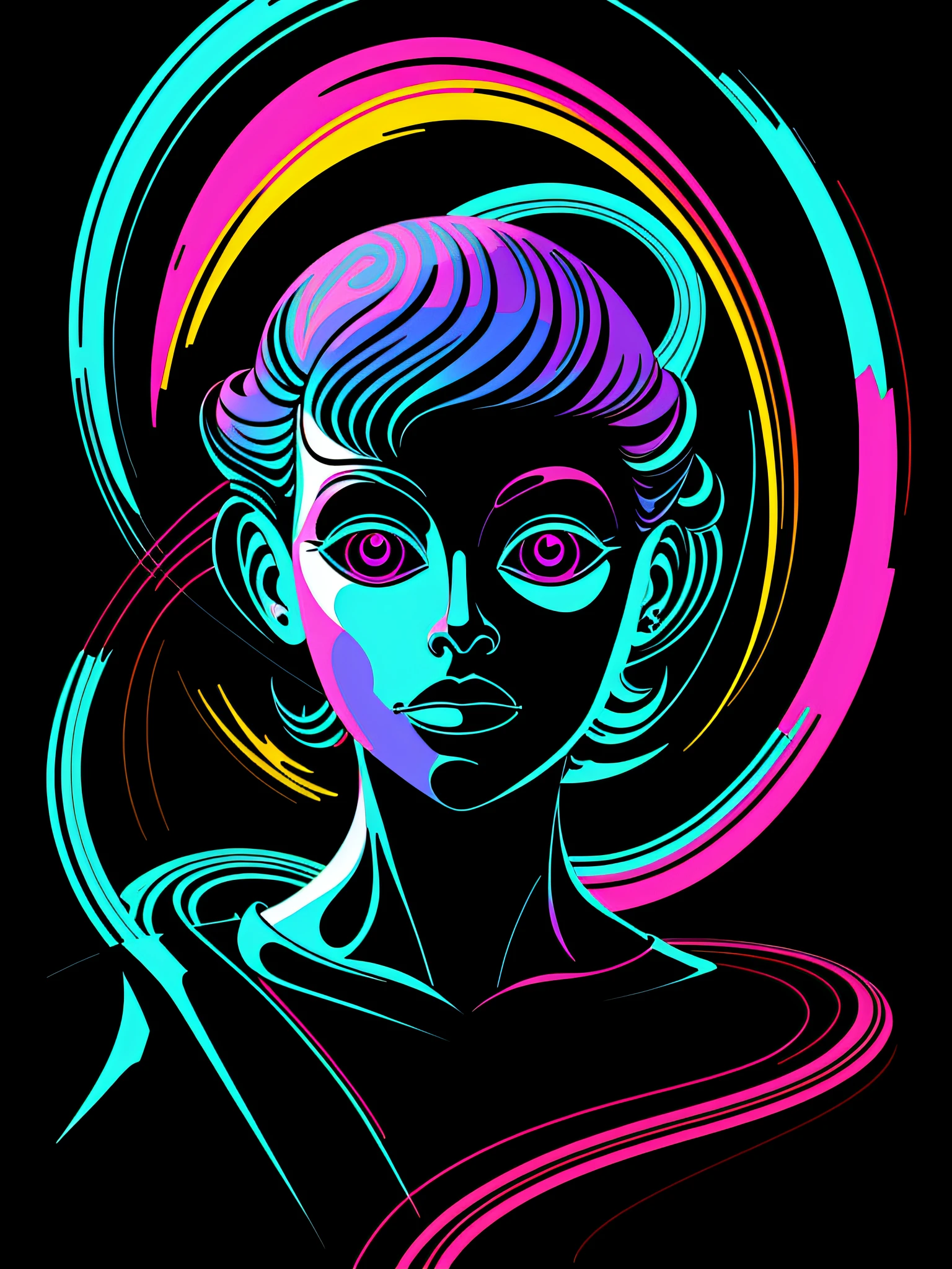 psychadelic, vector image, t-shirt design, isolated, black background, futuristic 3D illustration
