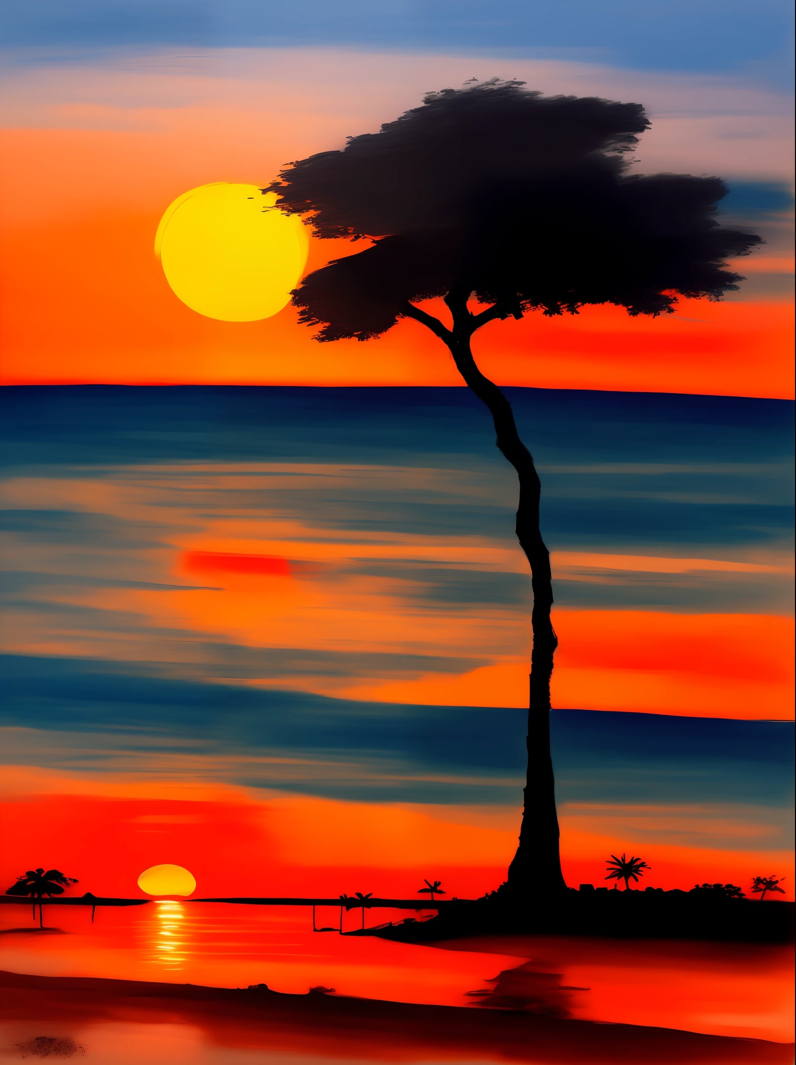 Beach with setting sun and red sky, desenho