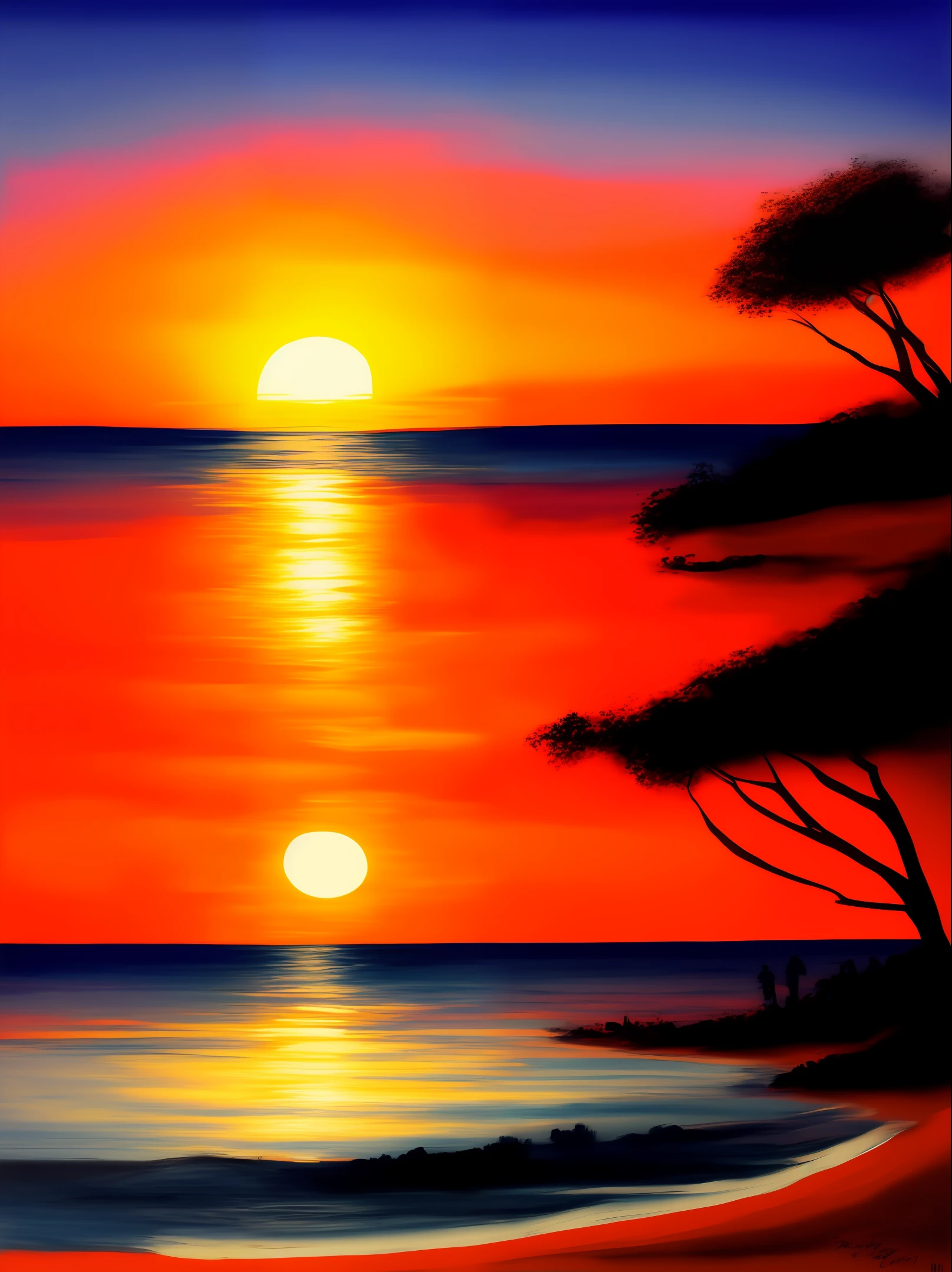 Beach with setting sun and red sky, desenho