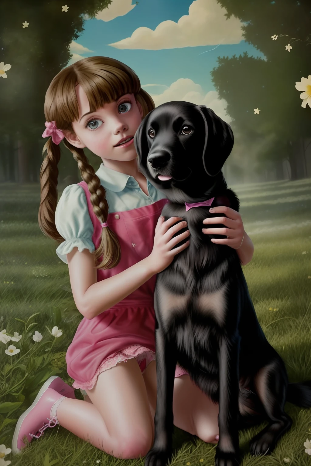 Lostgirls, An **************** holds a dog that fits its head in the middle of its open legs and licks its panties-free, pink genius. a puppy licking her private parts, Dorothy Gale, Wholesome, Assistente de OZ, flor