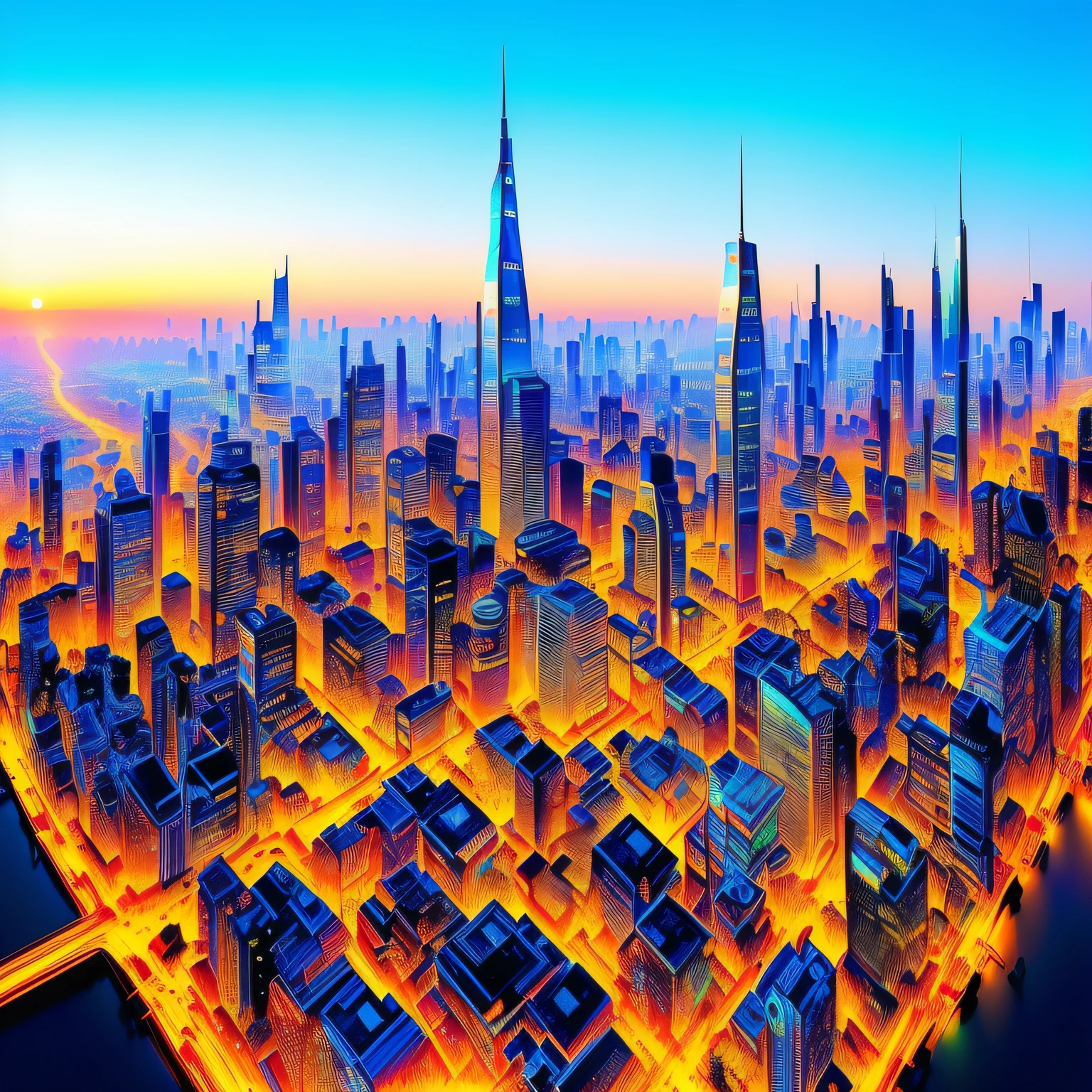 Draw digital art of a futuristic city where programming and art merge。Describe how the city is presented as a living art。