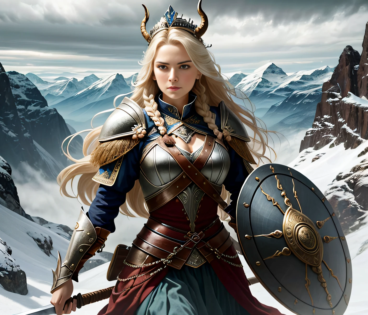 The Nordic Queen appears with a majestic, powerful and imposing presence. Its Viking features, inspired by the arts of the game "For Honor", highlight a face carved in strong and striking lines, with arched eyebrows. Her long, thick hair, a shade of platinum blonde, cascades over her shoulders, adorned with intricate braids. Clad in imposing armor, she exudes exhilaration, with resplendent mail and a helmet adorned with horns. Wielding a longsword and carved shield, she is gracefully lethal, demonstrating strength and warrior skill. All around you, an epic landscape unfolds, with rugged mountains, dense forests and an overcast sky. As a queen of Nordic royalty, she leads with wisdom, courage and a divine connection.