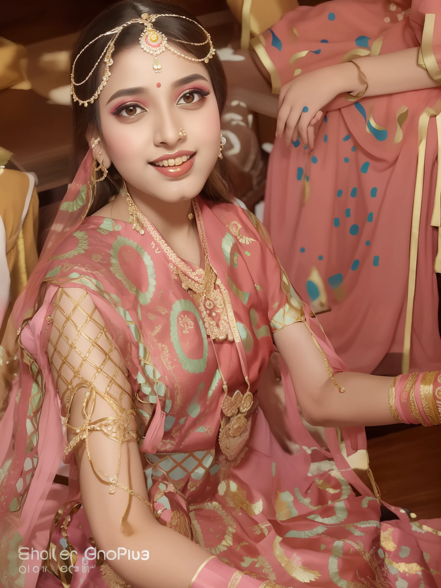 araffe woman in a pink sari sitting in a room, traditional beauty, indian girl with brown skin, wearing traditional garb, * colour splash *, indian, dressed in a sari, indian style, traditional makeup, traditional clothing, traditional costume, traditional clothes, wearing bihu dress mekhela sador, vibrant hues, traditional dress, female dancer