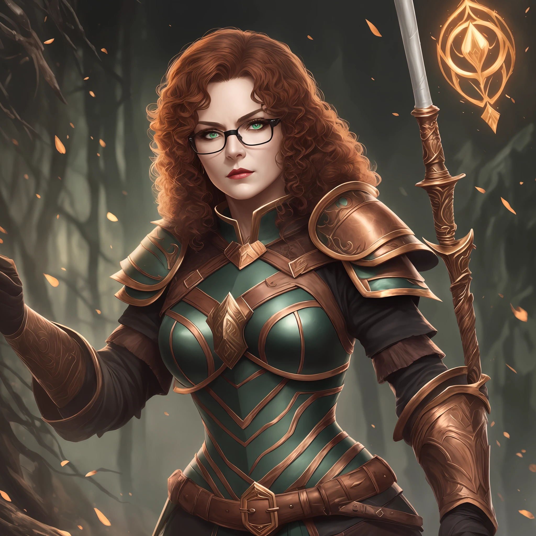 Wise, battle hardened, fat, middle-aged female mage, donning glasses over her large almond-shaped dark green eyes. She wears black armor. Her dark brown and copper hair is short and curly, she has full dark maroon lips and is armed with a formidable staff."