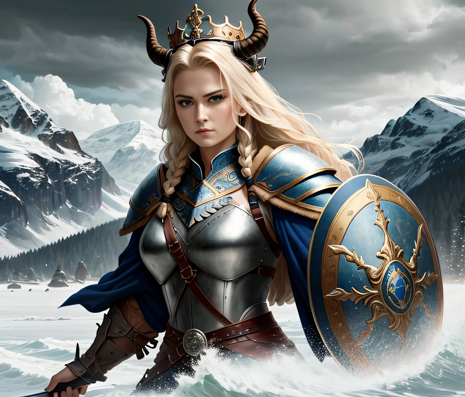 The Nordic Queen appears with a majestic, powerful and imposing presence. Its Viking features, inspired by the arts of the game "For Honor", highlight a face carved in strong and striking lines, with arched eyebrows. Her long, thick hair, a shade of platinum blonde, cascades over her shoulders, adorned with intricate braids. Clad in imposing armor, she exudes exhilaration, with resplendent mail and a helmet adorned with horns. Wielding a longsword and carved shield, she is gracefully lethal, demonstrating strength and warrior skill. All around you, an epic landscape unfolds, with rugged mountains, dense forests and an overcast sky. As a queen of Nordic royalty, she leads with wisdom, courage and a divine connection.