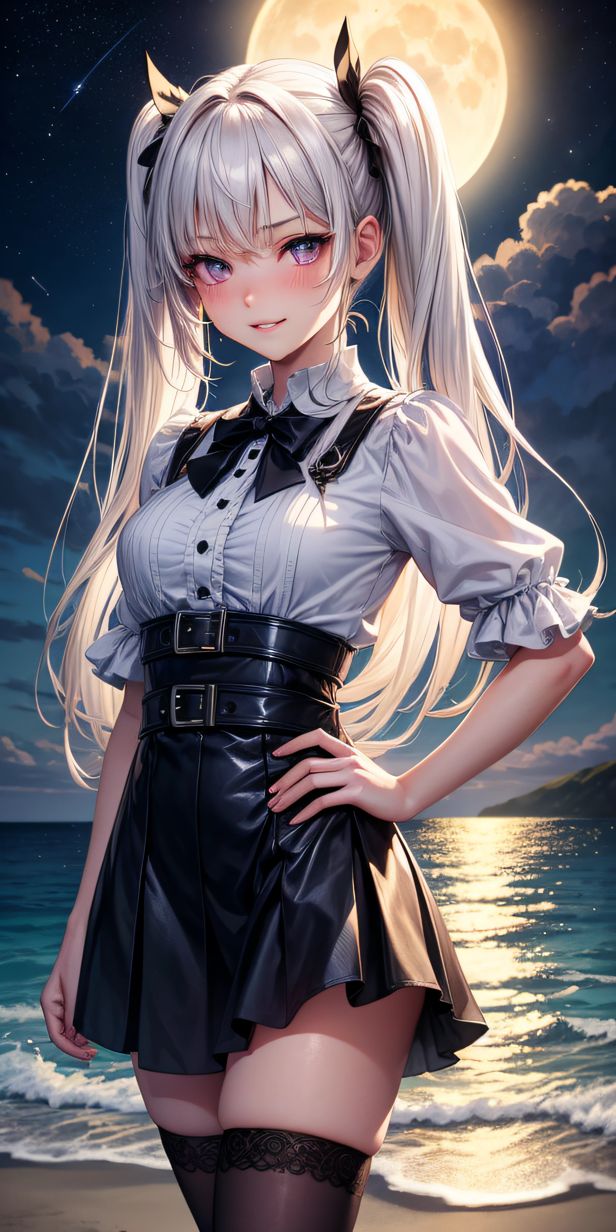 realistic, 1girl, white hair, purple eyes, glowing eyes, top, skirt, parted lips, blush, night, beach, ocean waves, ocean, moonlight reflection on water, sun, sunlight, cute, kawaii, digital art, finely detailed eyes, embarrassed expression, long_hair, blushing, (highly detailed 8k wallpaper), best resolution, very_long_hair, masterpiece, semi-realistic, hand on hip, moon, star_\(sky\), starry_sky, full_moon, looking_at_viewer, twin tails, thick thighs, thigh highs, devious smirk