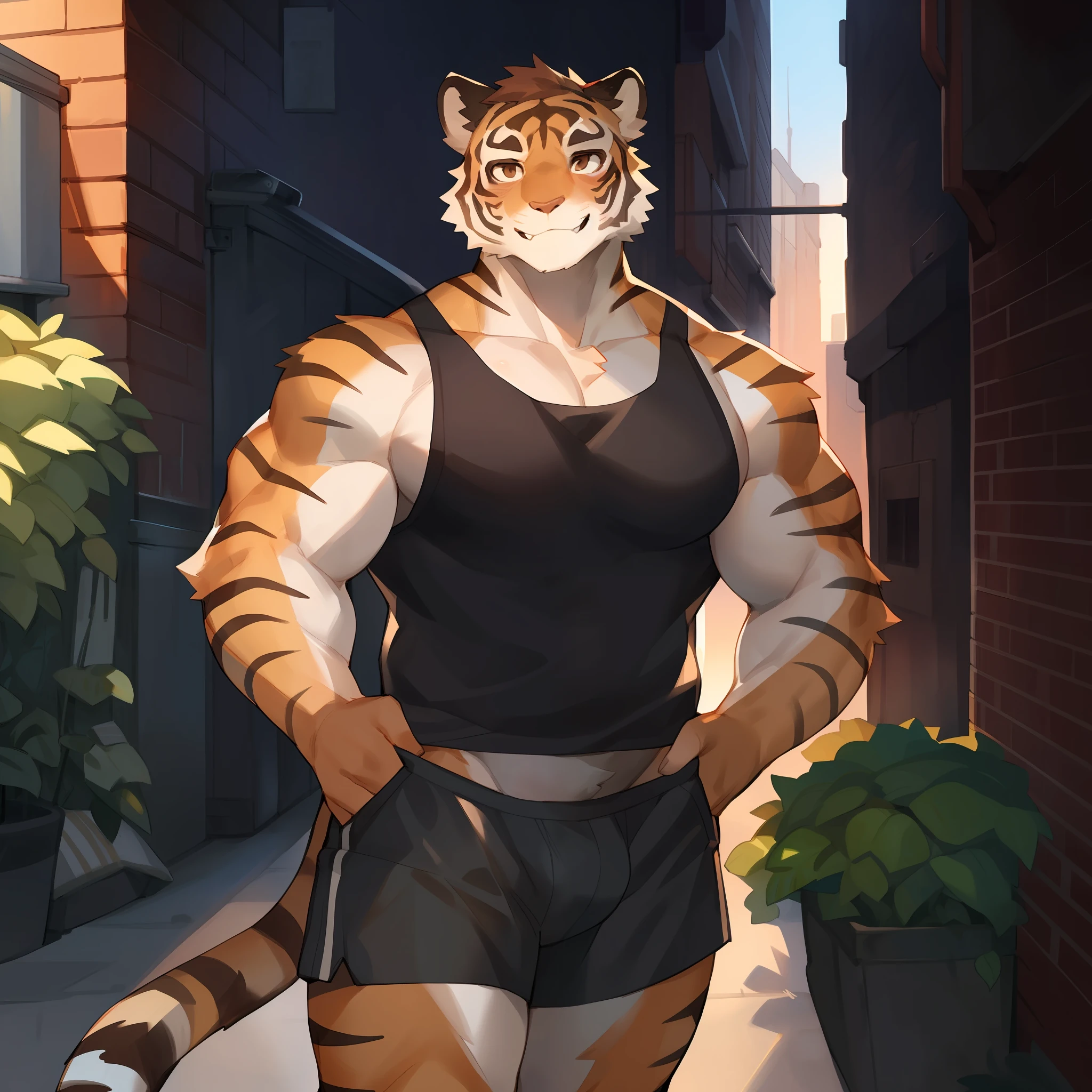 Solo, male, tiger, muscular, medium bulge, smiling, tank top, cargo shorts, short brown hair, brown eyes, kind expression, soft face, big pecs, big biceps, alleyway, plants, golden hour, dramatic lighting, by bebebebebe