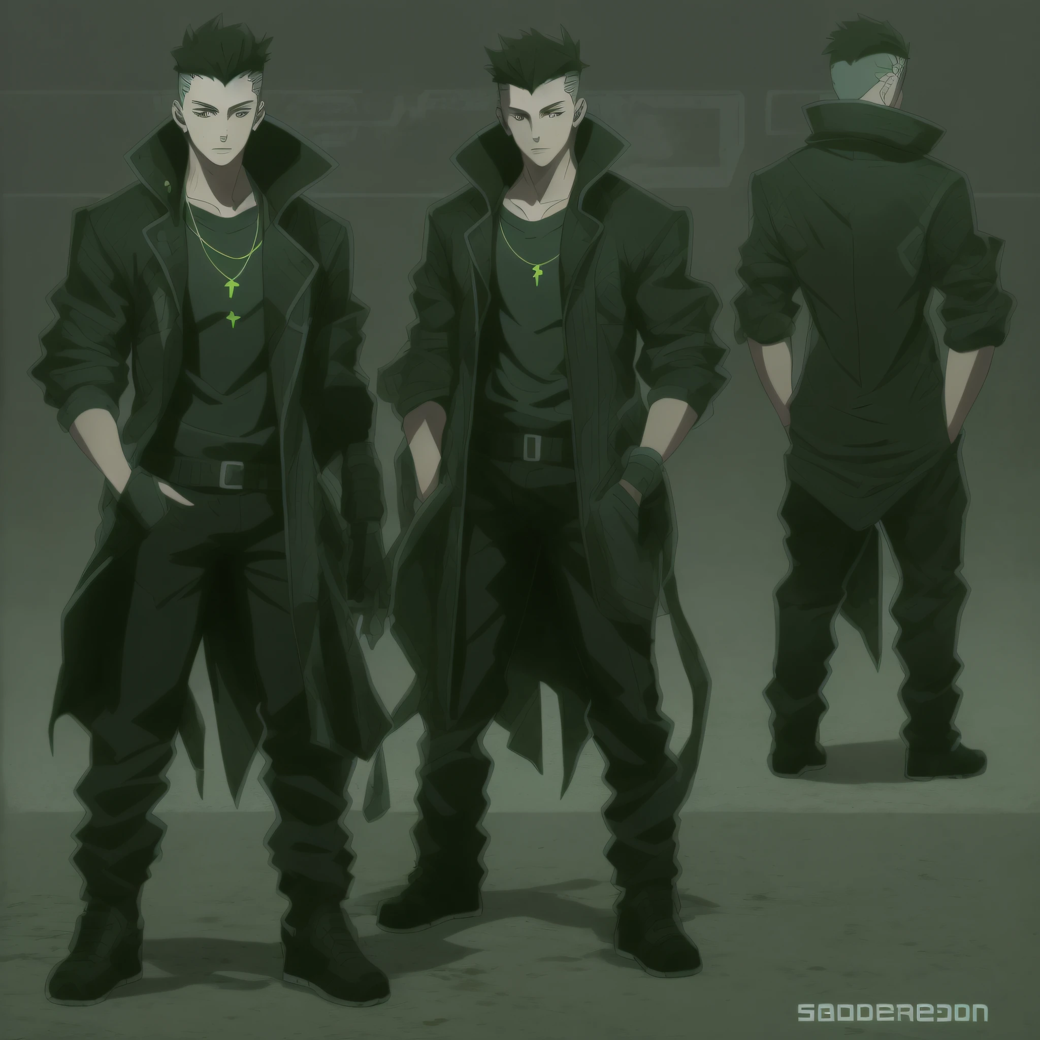 Create the art of a young male human character with a normal body and average height, vestindo camiseta, jaqueta de trincheira longo da cor preta, Estilo detetive Noir, Estilo Shadowrun, Personagem inspirado em Shadowrun
