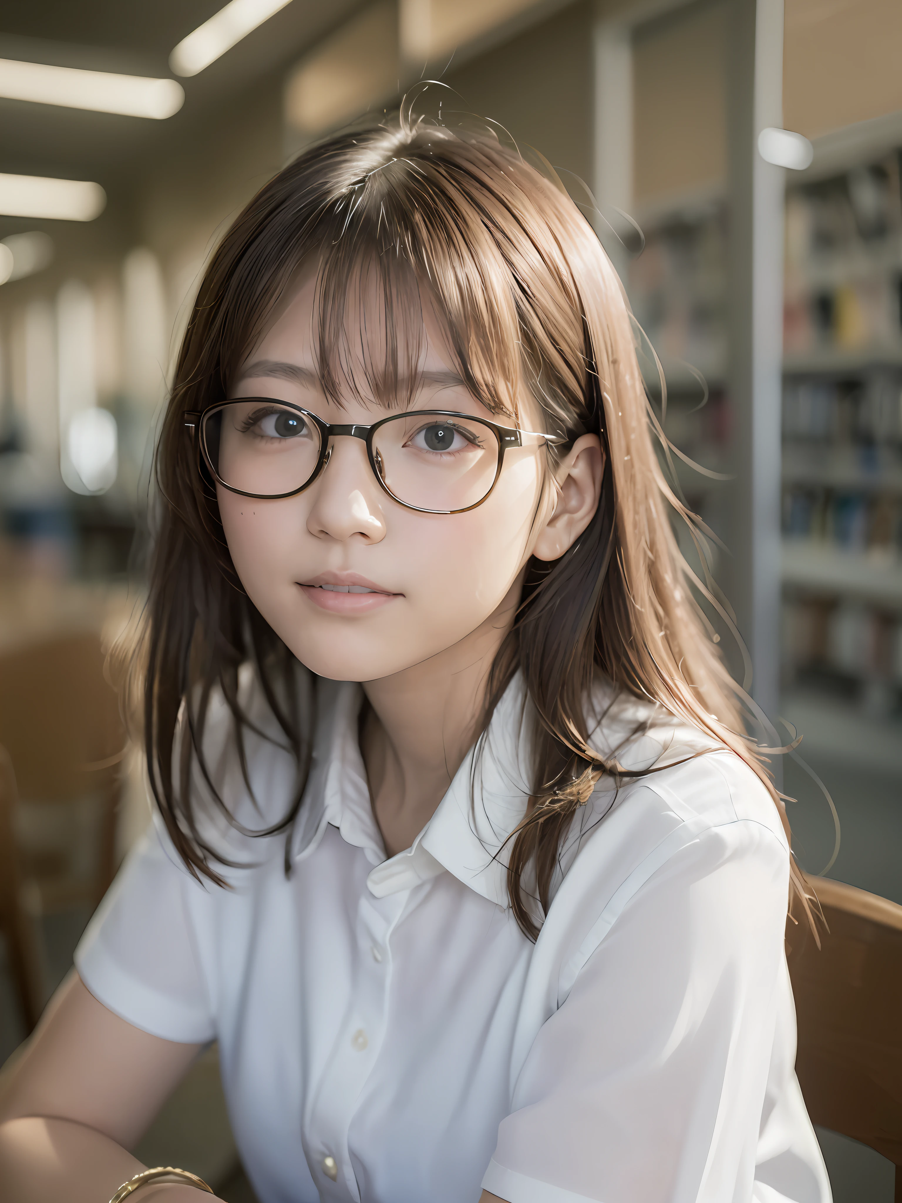 (masutepiece:1.3), (Best Quality:1.2), (Illustration:1.2), 1girl in, Solo, Kozue, School uniform, Library, Glasses, White shirt, pov across table, lightsmile, Looking at Viewer, White hair, Green eyes,a smile、realisitic