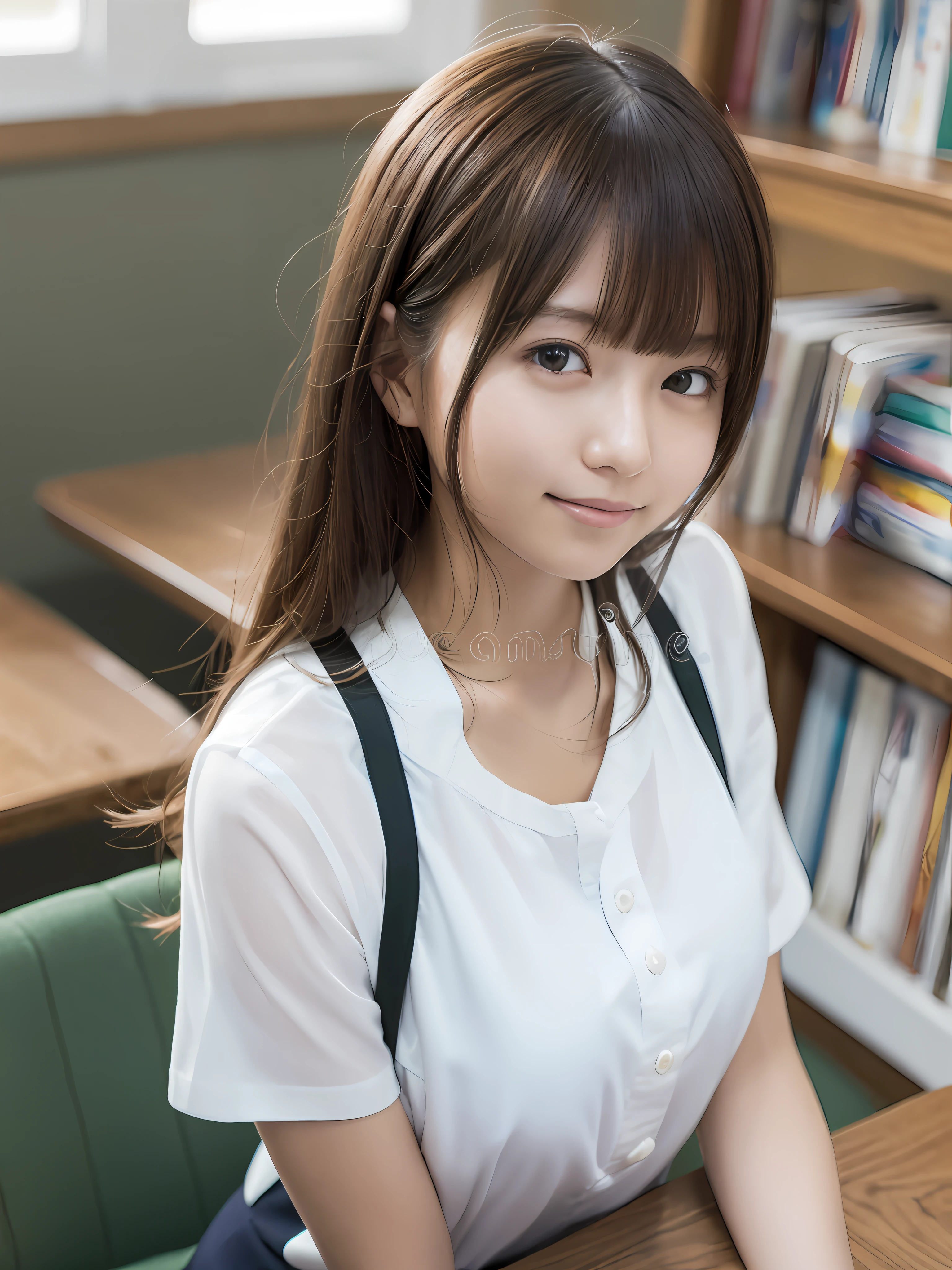 (masutepiece:1.3), (Best Quality:1.2), (Illustration:1.2), 1girl in, Solo, Kozue, School uniform, Library, White shirt, pov across table, lightsmile, Looking at Viewer, White hair, Green eyes,A smile、realisitic、White underwear is visible