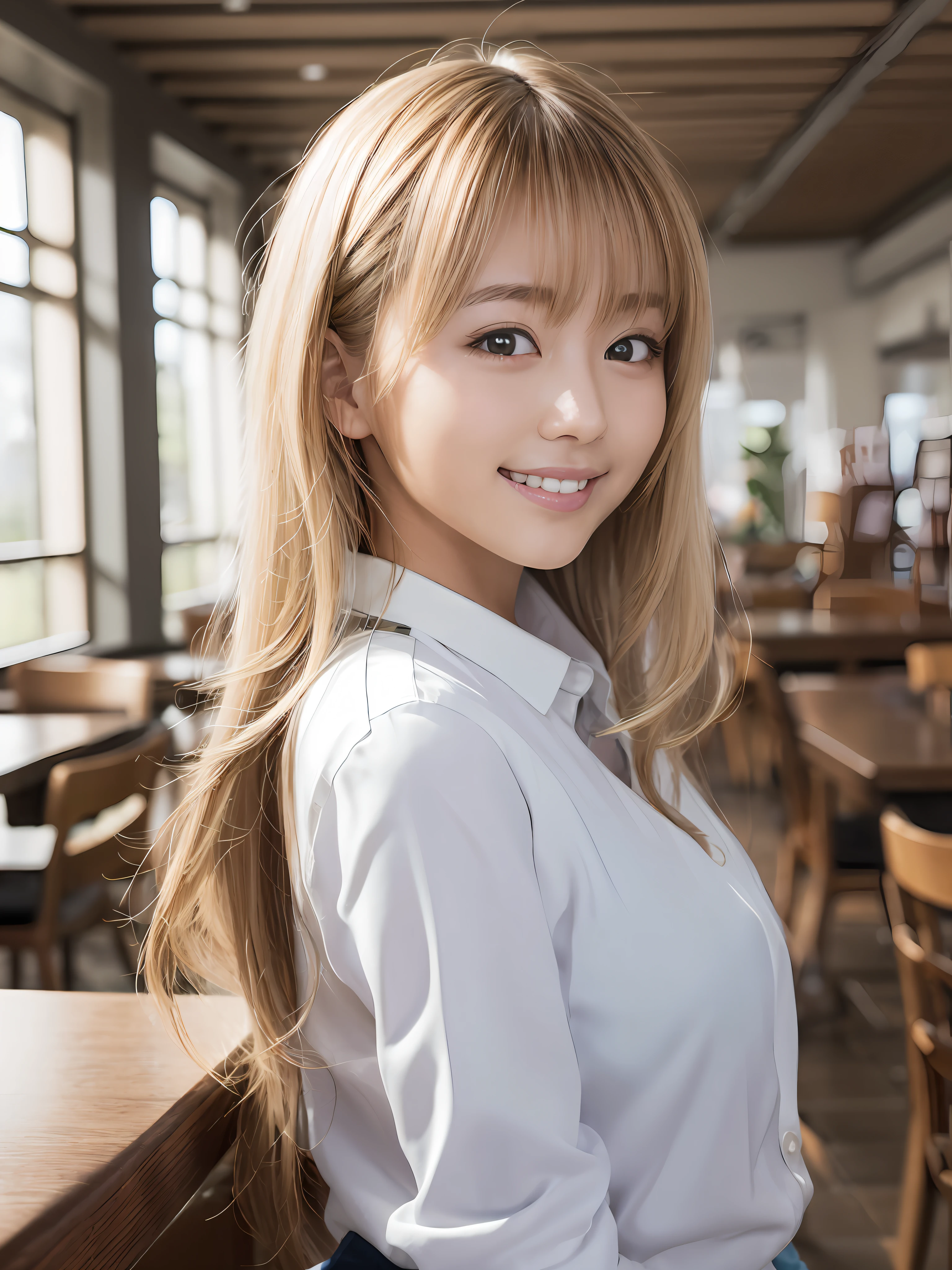 (masutepiece:1.3), (Best Quality:1.2), (Illustration:1.2), 1girl in, Solo, Kozue, School uniform, Library, White shirt, pov across table, lightsmile, Looking at Viewer, White hair, Green eyes,A smile、realisitic、White pants are visible