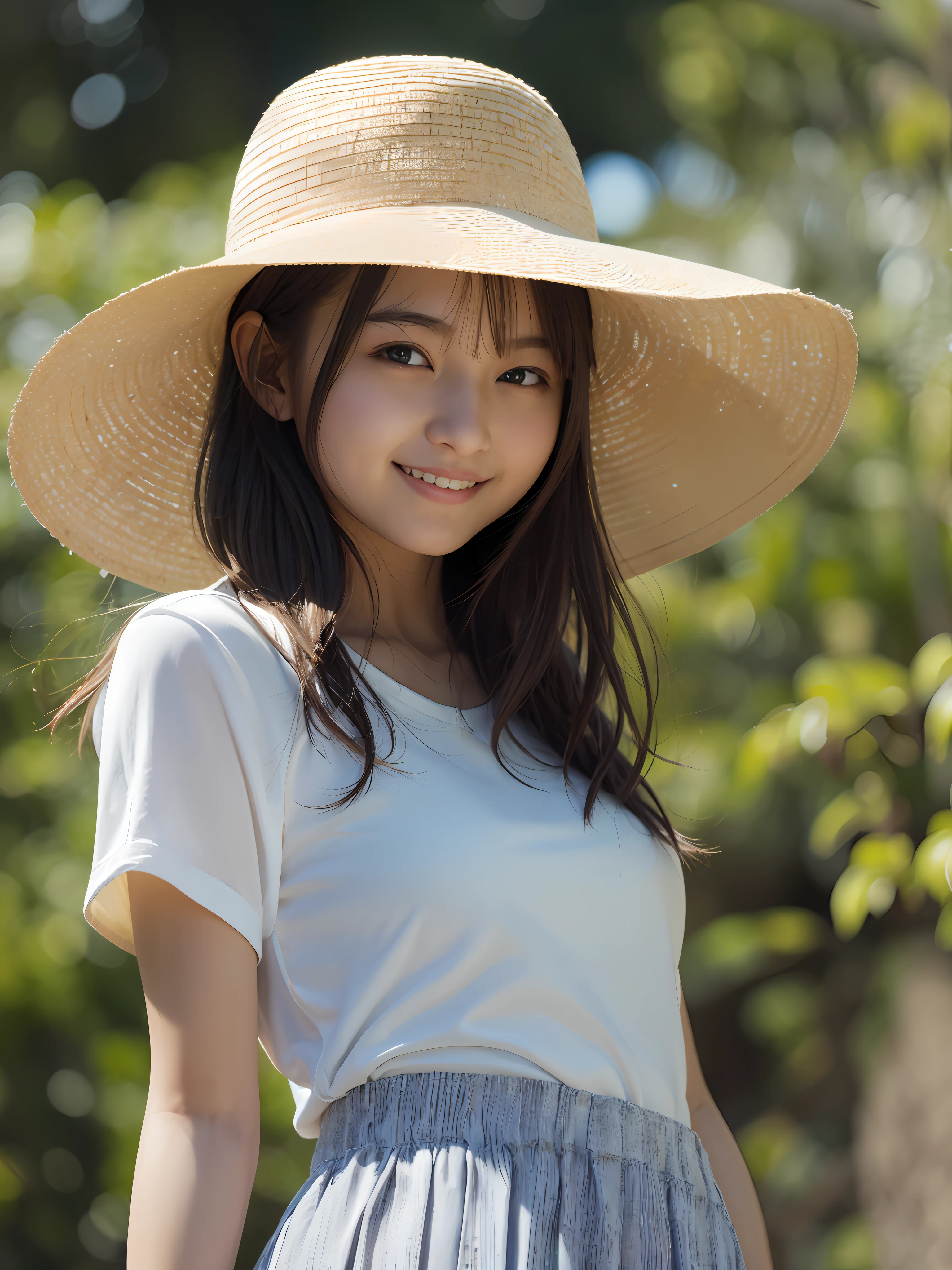 masterpiece、top-quality、masterpiece、1girl in、Looking at the camera、Happy smile、Sun flower、evening shower、White blouses、a miniskirt、White underwear is visible from the inside of the skirt from below、Live action、realisitic、a straw fedora hat、Skirt soars