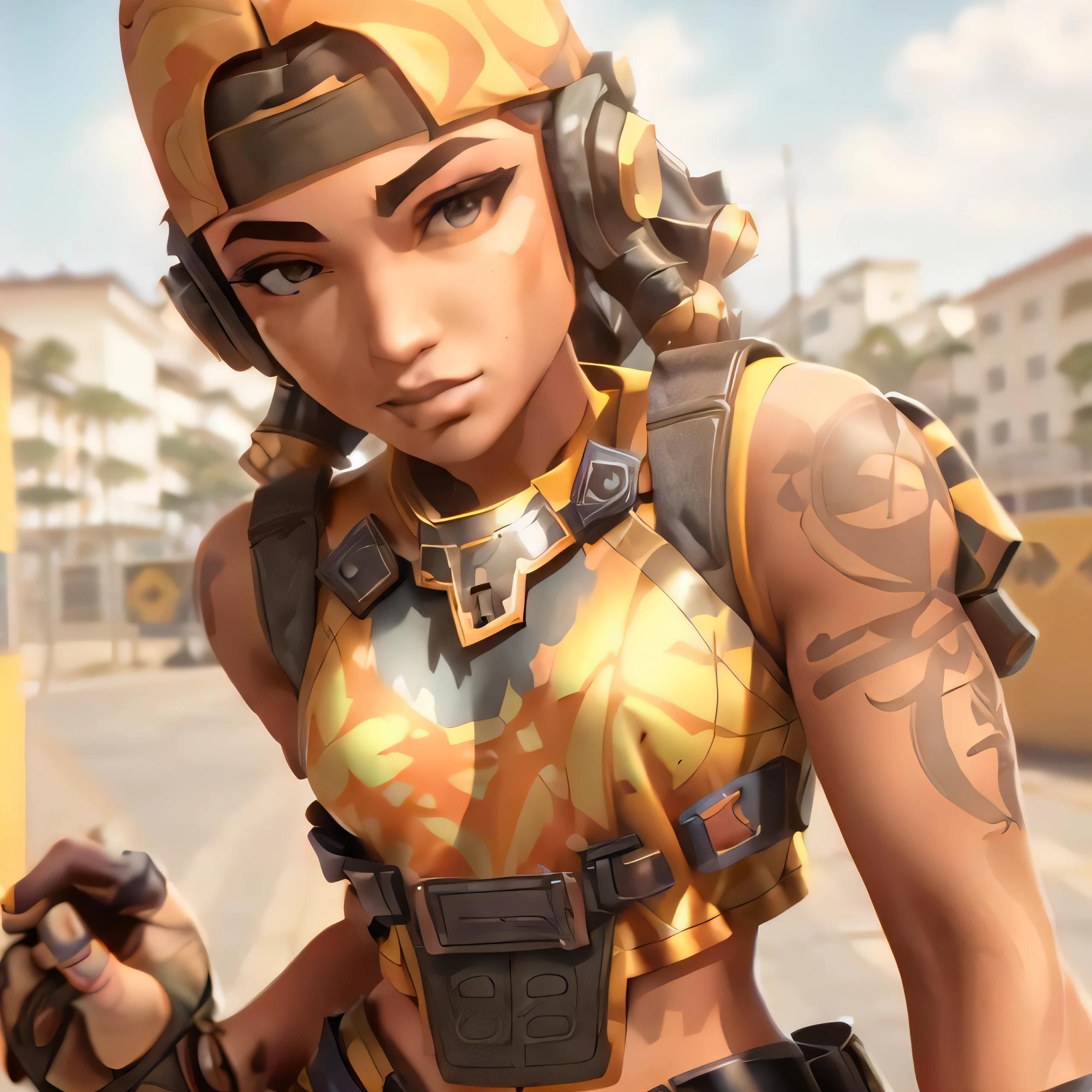 beautiful face, gorgeous woman, orange cap backwards, black fingerless gloves, orange sleeveless crop top with orange and green designs on it, (wearing a chestplate:1.2), and black headphones, eyes open, bokeh background, brazilian city background