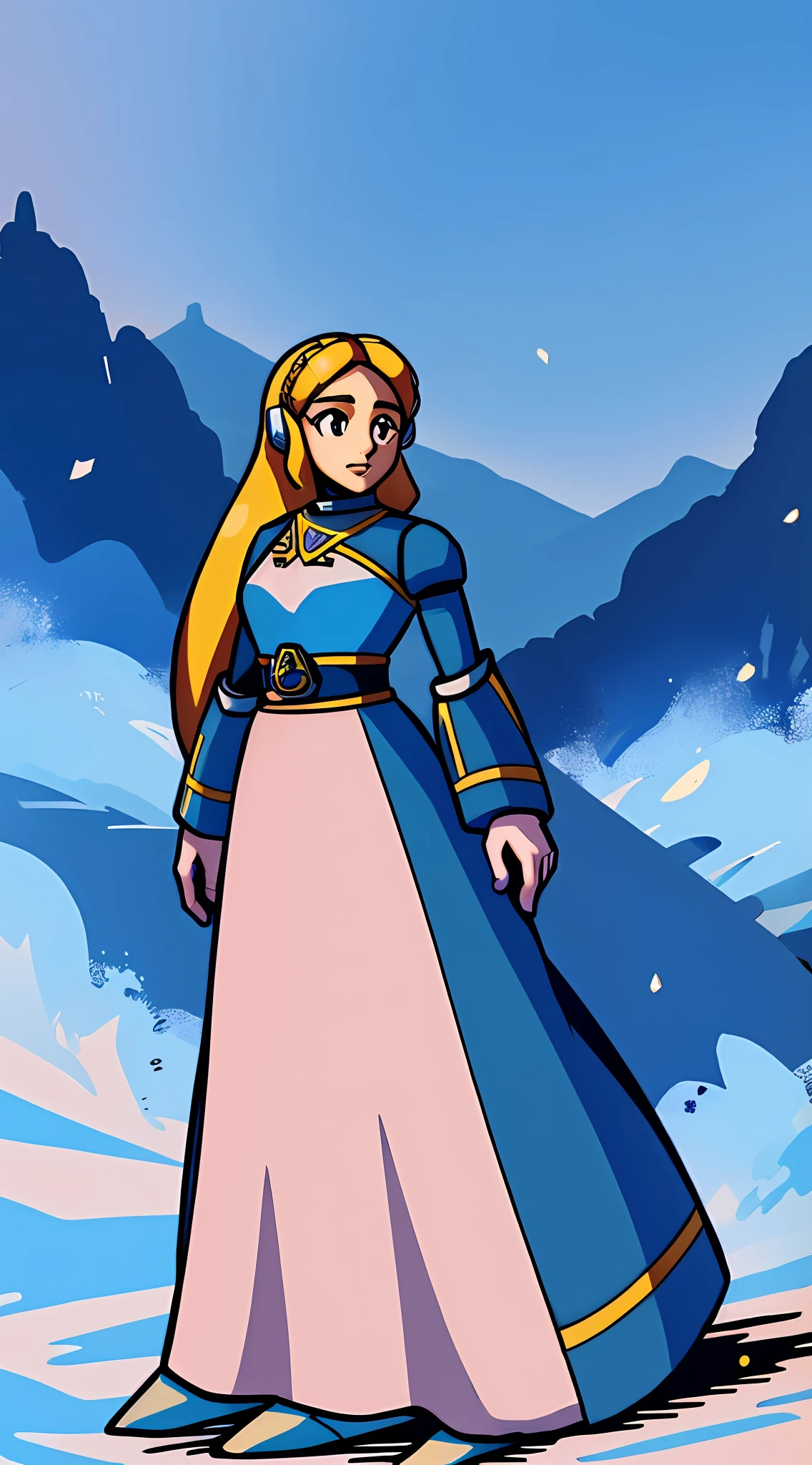 1Girl, Princess Zelda wearing Heavy Blue white and gold Knight Armor, heavy mech armor, cyber armor blue and white, gold belt, heavy blue white dress, long hair, long tapered blue dress with gold and white highlights, princess armor, long flowing white dress with blue highlights and gold waist belt, blue mechsuit, looking at viewer at eye-level, full-body, forest background, forest background with large mountains