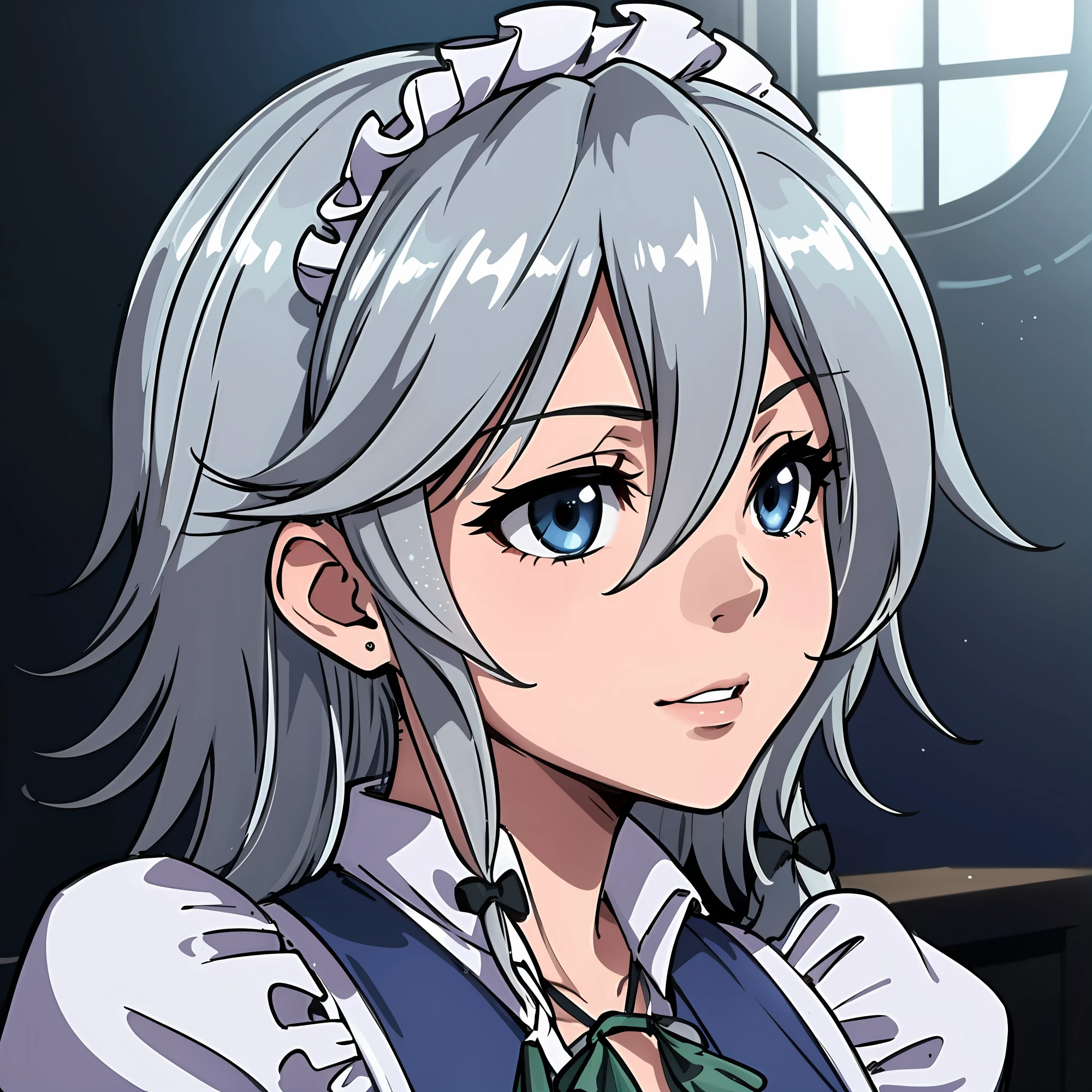 (Sakuya Izayoi), silver hair, blue eyes, (Masterpiece : 1,8), 64k quality, final fantasy artwork concept, detailed manga eyes, detailed hair, detailed clothes, detailed body, cleaner designs, detailed face pronounced, shiny objects like jewels, see creases on clothes, more coherent clothing, more rounded eyes transparent liquid globular, more colors, more coherent clothing , correct the features of the clothes, better eyes contour, better shoulders, really colorful, coarser line, black line, finishing . (coarser line) (black line) (homogeneous rendering: 1.3)