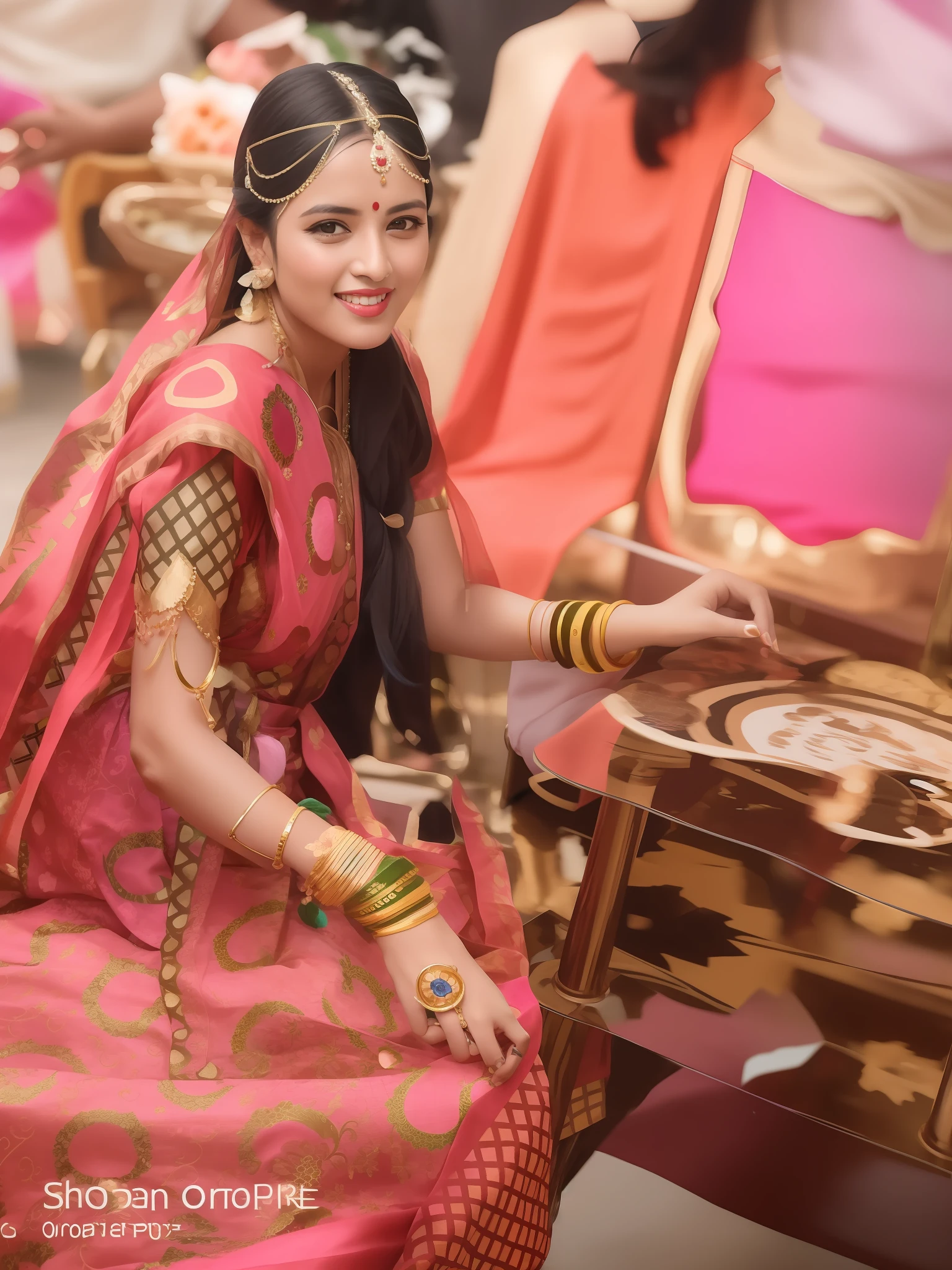 arafed woman in a pink sari sitting on a chair, wearing bihu dress mekhela sador, traditional beauty, stunning woman, vibrant feel, * colour splash *, masterpiece work of art, portrait shot, photo taken with nikon d 7 5 0, photo taken with nikon d750, traditional art, exclusive, candid picture, vibrant hues