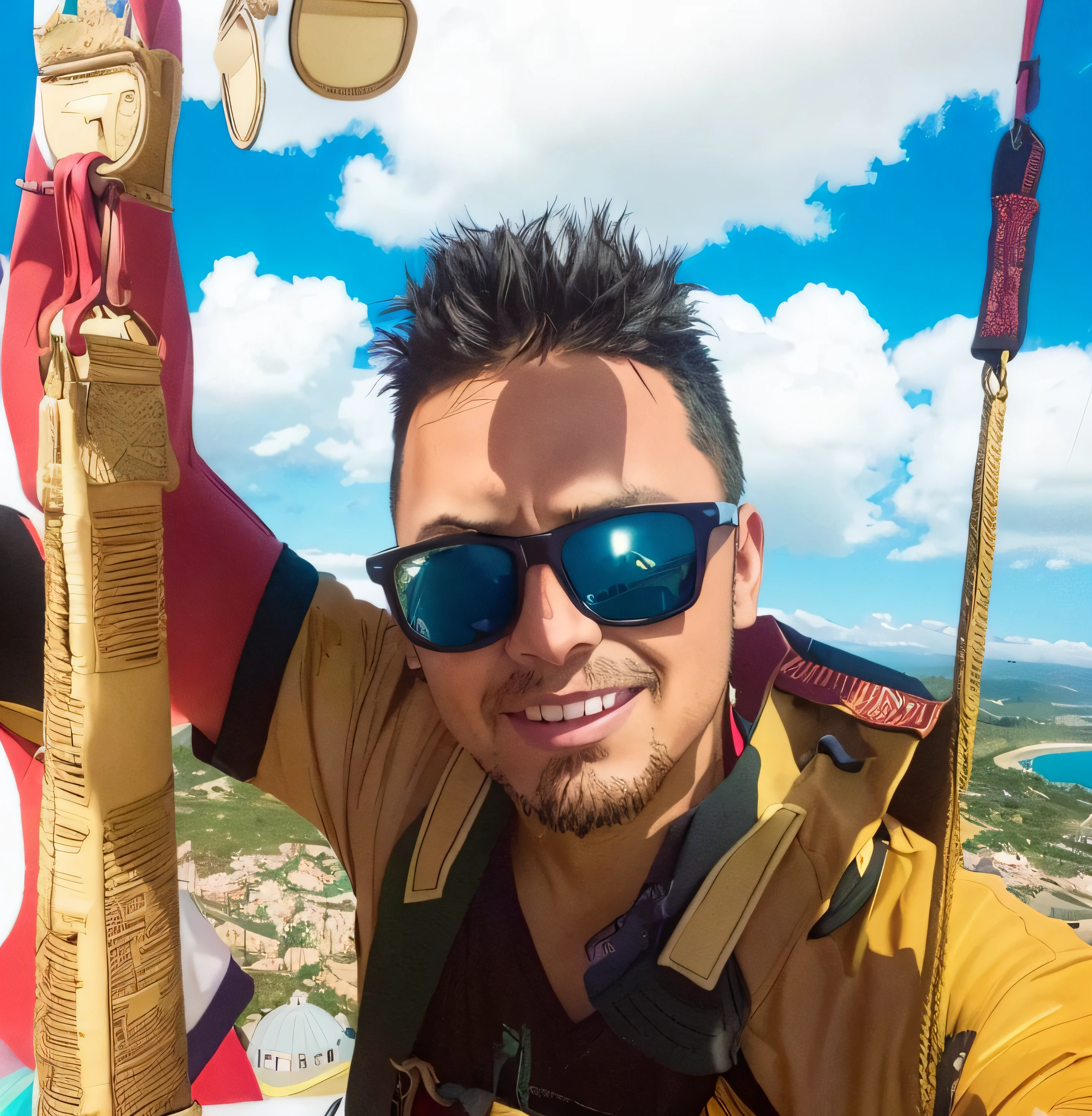 dibujo artistico de  Hombre con un chaleco salvavidas y gafas de sol agarrado a una cuerda, paracaidismo, En el cielo, Vista desde arriba, Sonriendo desde arriba, volando en el espacio, Primer plano desde arriba, Tomada en Go Pro Hero8, aerial  view, hanging from a hot air balloon, alto en el cielo, muy por encima del suelo