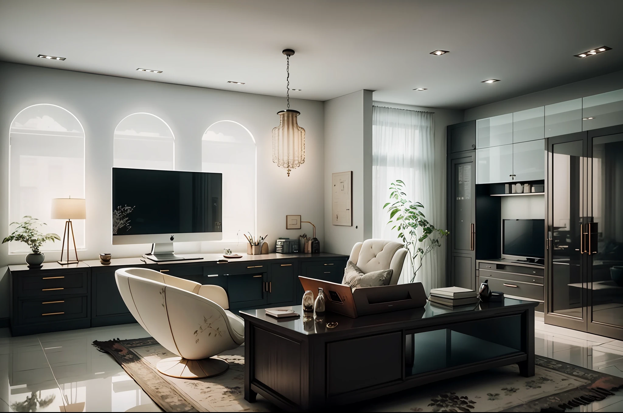 elegant modern interior design, home office, minimalist, dark lighting, hyperrealistic --auto --s2