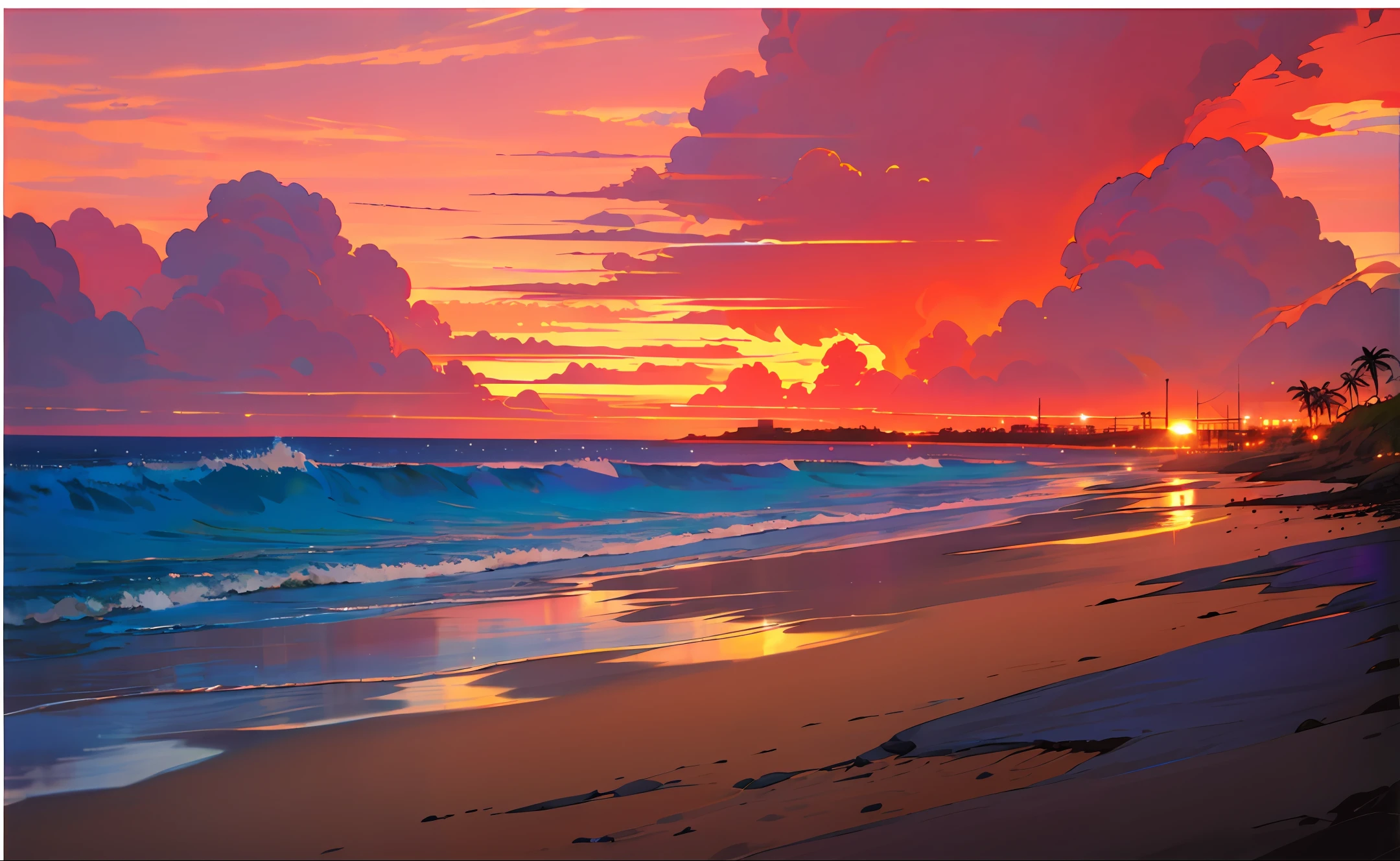 Beach with setting sun and red sky with clouds, desenho tipo anime
