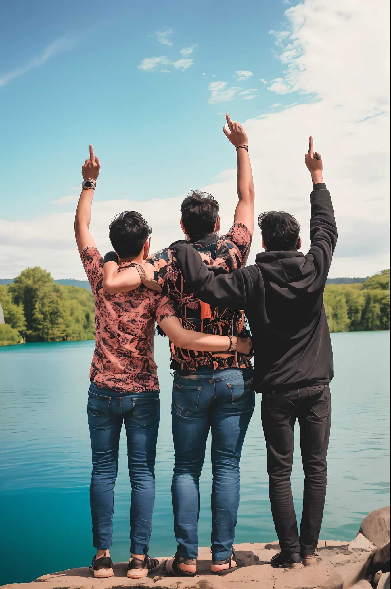 three people standing on a rock with their hands in the air, group of people, photograph of three ravers, men look up at the sky, photo taken in 2 0 2 0, stylish pose, edited, celebration, posing, casual photography, friendship, pexels, candid photography, gen z, candid picture, winning photo, near a lake