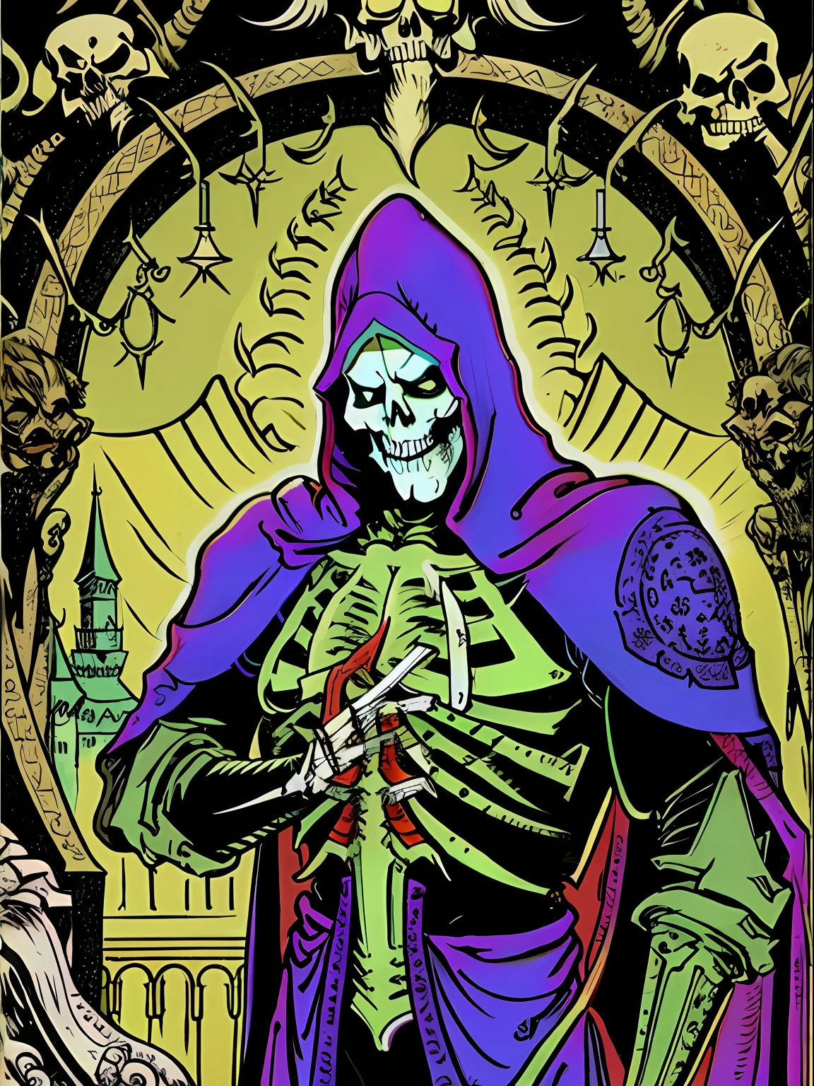 A beautiful aesthetic theme villain of skeleton reaper, cores neon, vetor, storybook illustration art, hiper detalhes, Supervillain aesthetics, foco nítido, Denoise, 8k, estilo de arte de desenho bonito, Arte Digital
