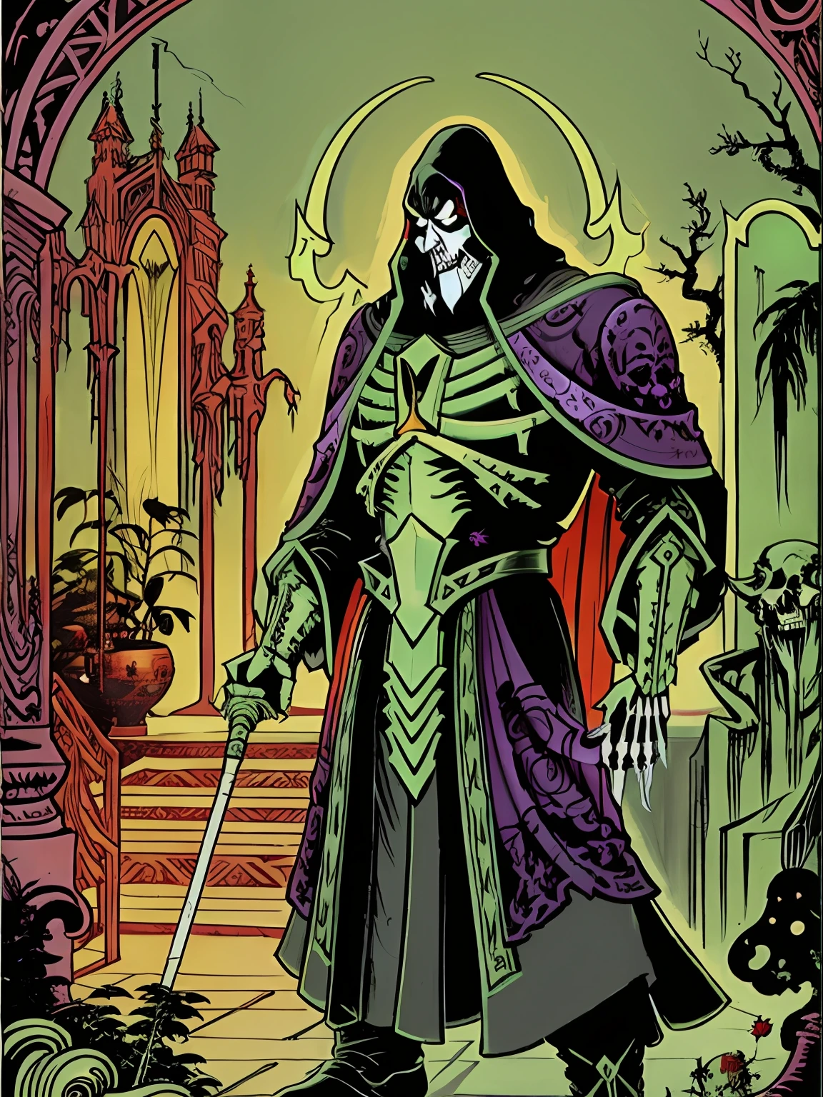 A beautiful aesthetic theme villain of skeleton reaper, cores neon, vetor, storybook illustration art, hiper detalhes, Supervillain aesthetics, foco nítido, Denoise, 8k, estilo de arte de desenho bonito, Arte Digital