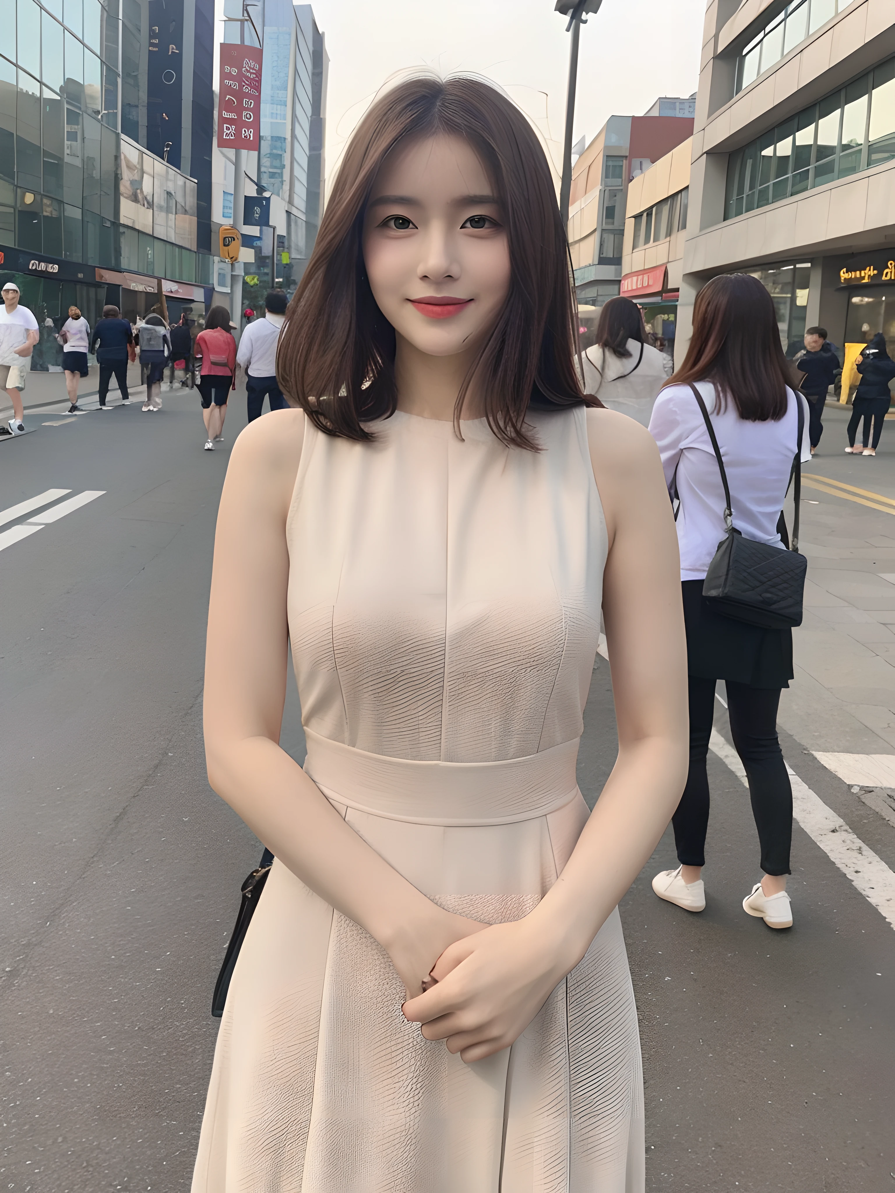 ((Best Quality, 8K, Masterpiece: 1.3)), Fat Body Beauty: 1.4, 30 years old, mature, Bust fullness: 1.6, Thigh Volume: 1.6, Highly detailed face and skin texture, Delicate eyes, Double eyelids, Chubby face, thin lips, smile, fair skin, (dress: 1.6), Standing posture, city street background