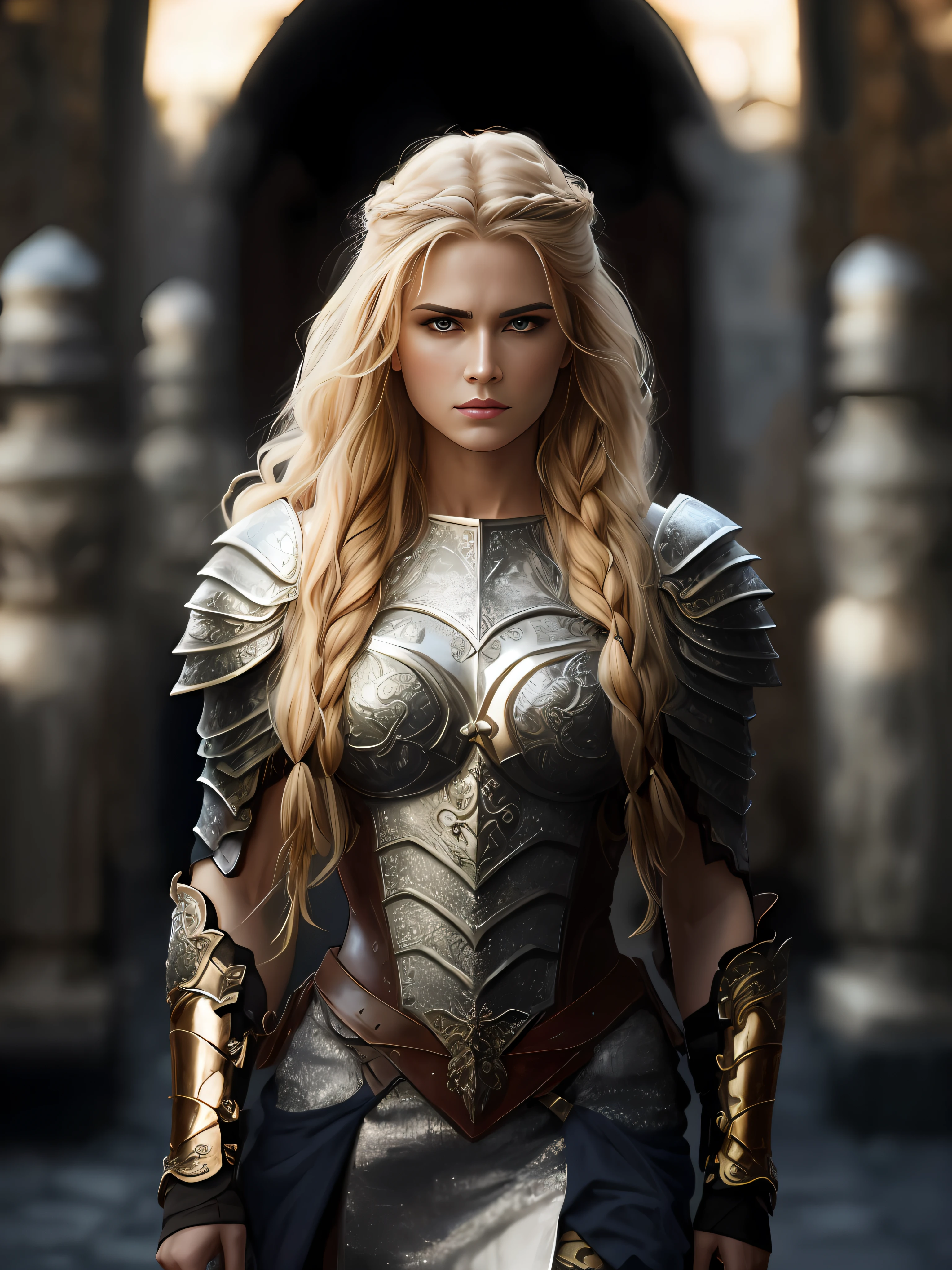 The Nordic woman is strong, destemido e imponente. Seu corpo escultural exibe ombros largos, muscular arms and an imposing stature. Seus cabelos loiros, como fios de rubis brilhantes, cai em ondas selvagens passando por seus ombros, an intricate braid standing out. Clad in imposing armor made of tough steel, Ela ostenta correntes reluzentes e botas de couro ornamentadas. In the extraordinary setting, Ela encara o desafio com olhos seguros e gelados, displaying a fierce and unwavering expression. longos cabelos ruivos.