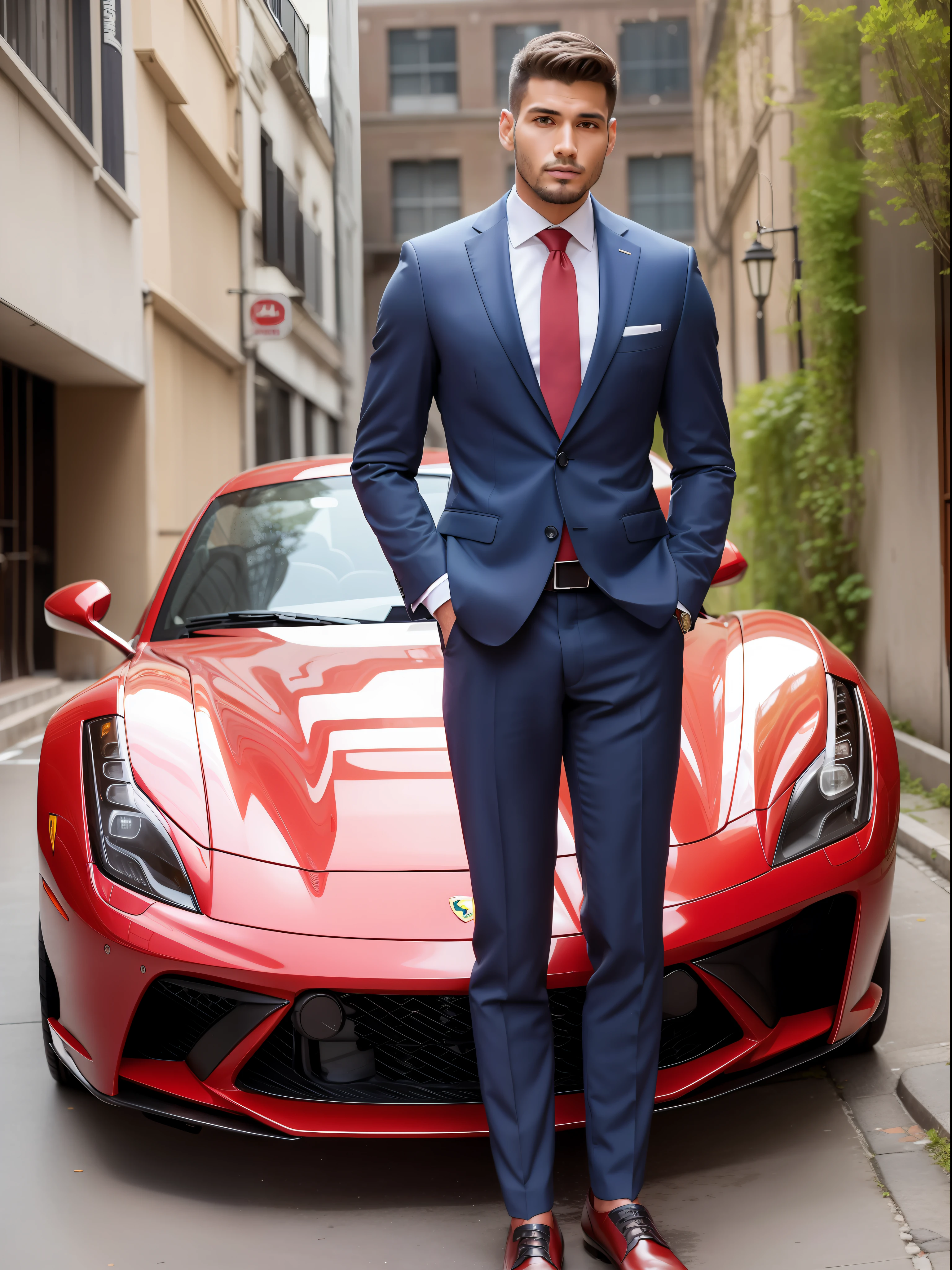 Brazilian man, 1.78m tall, fit body, dressed in a suit and tie, ultra realistic, next to a car a red ferrari in 8k